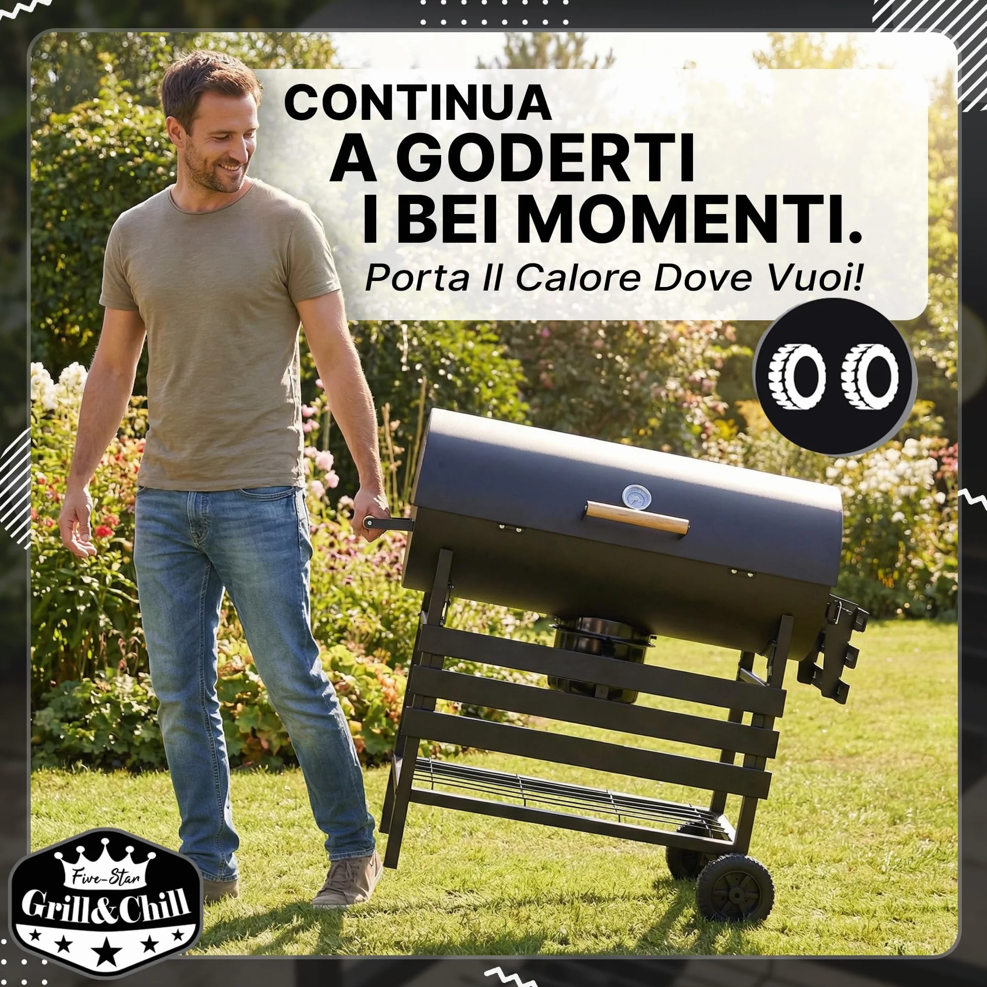 Grill & Chill Barbecue a Carbone 71×35 cm Coperchio con Termometro Acciaio Nero