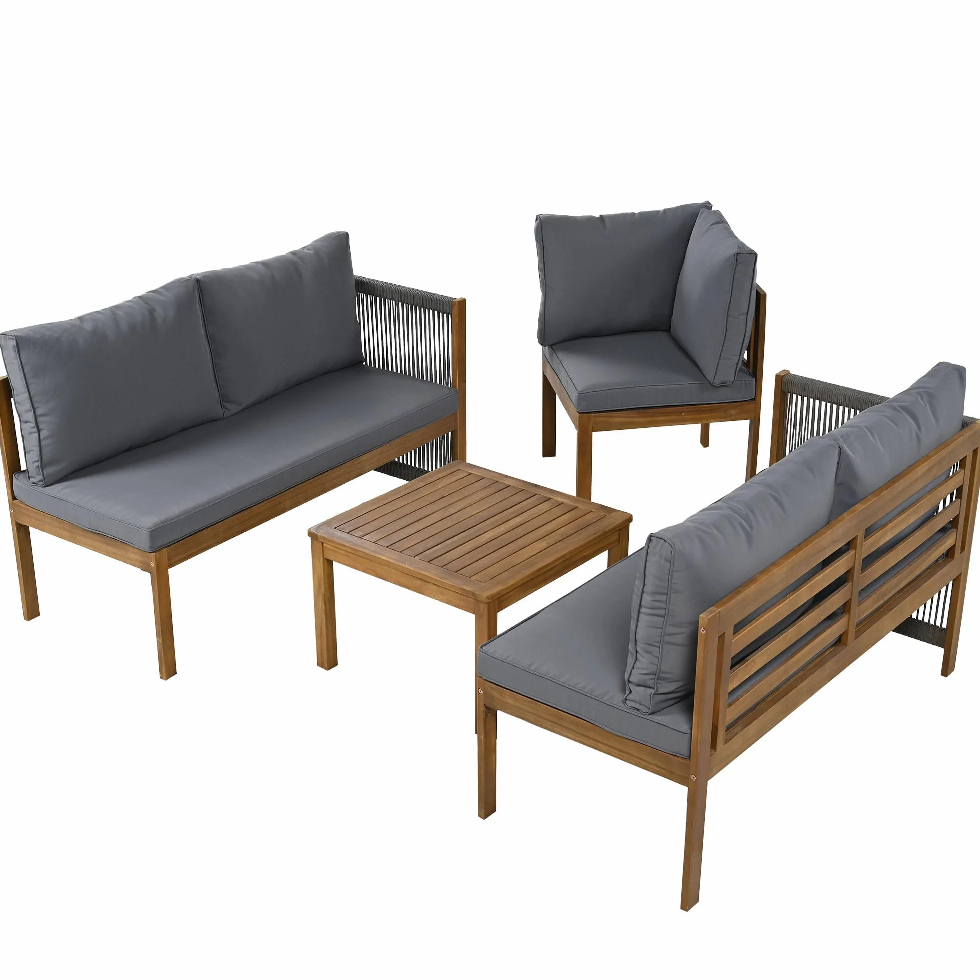 Lubvtti Set giardino esterno,divano da esterno + tavolino,mobili da giardino,struttura in acacia, piano in acacia,lavorazione artigianale in corda intrecciata, adatto per il giardino, grigio