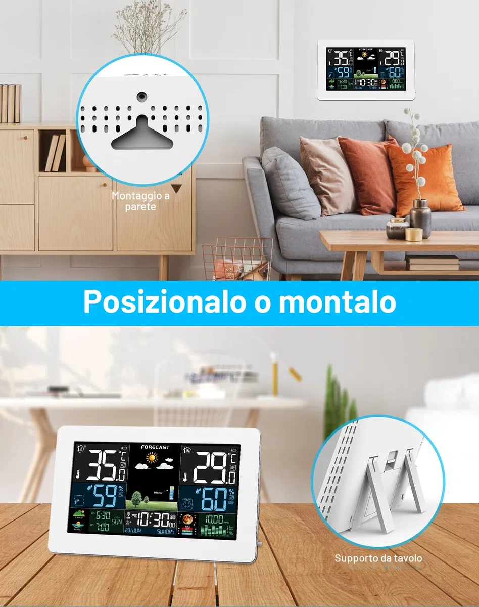 Stazione Meteo con Sensore Esterno Display a Colori Temperatura Umidità Pressione dell'Aria Bianco