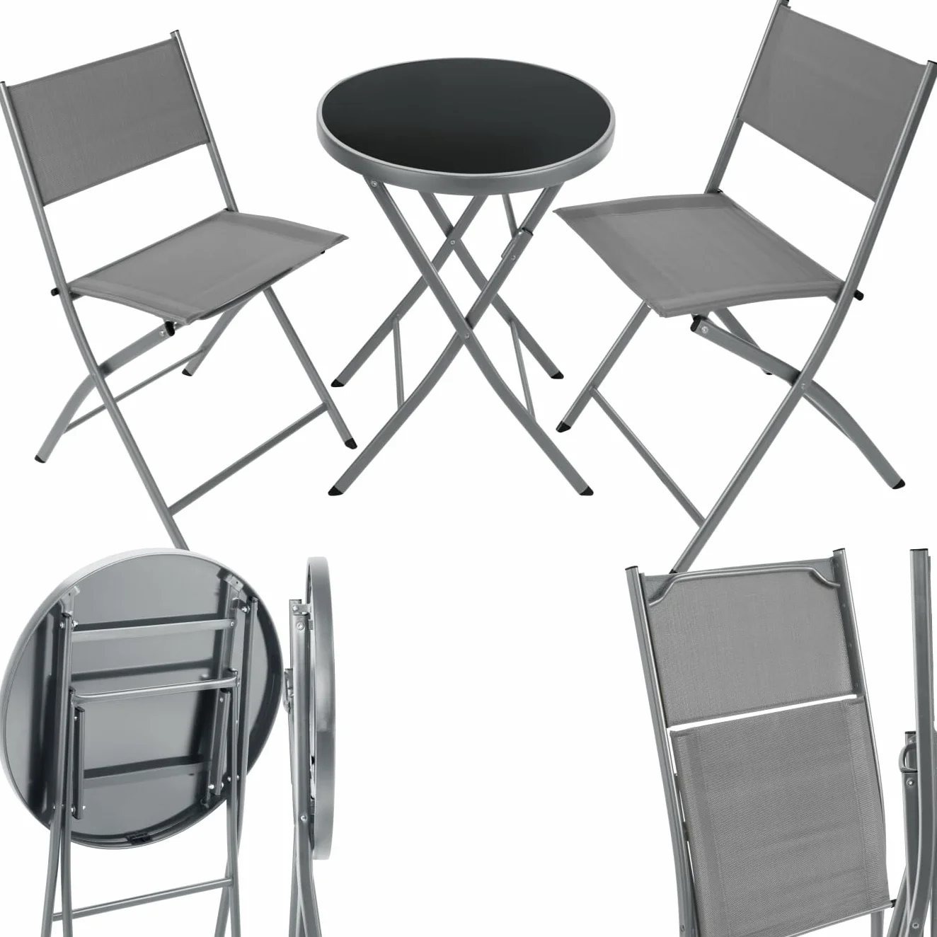 Set da Balcone Düsseldorf Tavolino Salotto con Piano in Vetro e 2 Sedie Mobili da Giardino con Telaio in Acciaio Richiudibile Trasportabile Design Moderno Grigio
