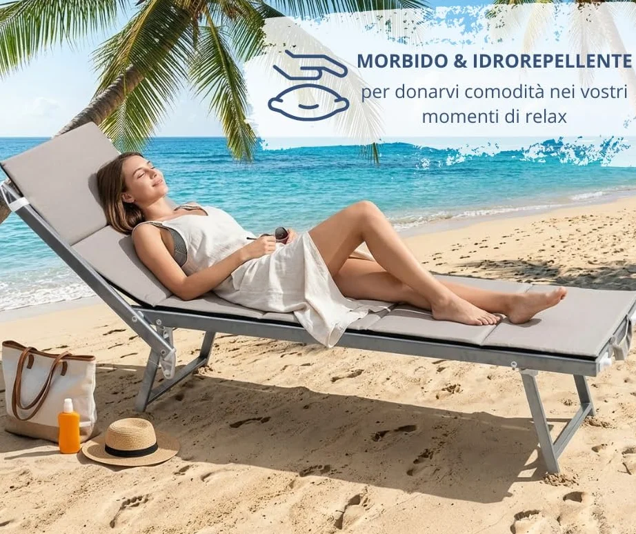 SET 2 PEZZI Materassino Prendisole Pieghevole Cuscino Imbottito per Sdraio Poltrona Relax Lettino Spiaggia Trasportabile Salvaspazio Resistente Acqua Sabbia Misura 58x190 cm Mod. Fisar Colore Beige