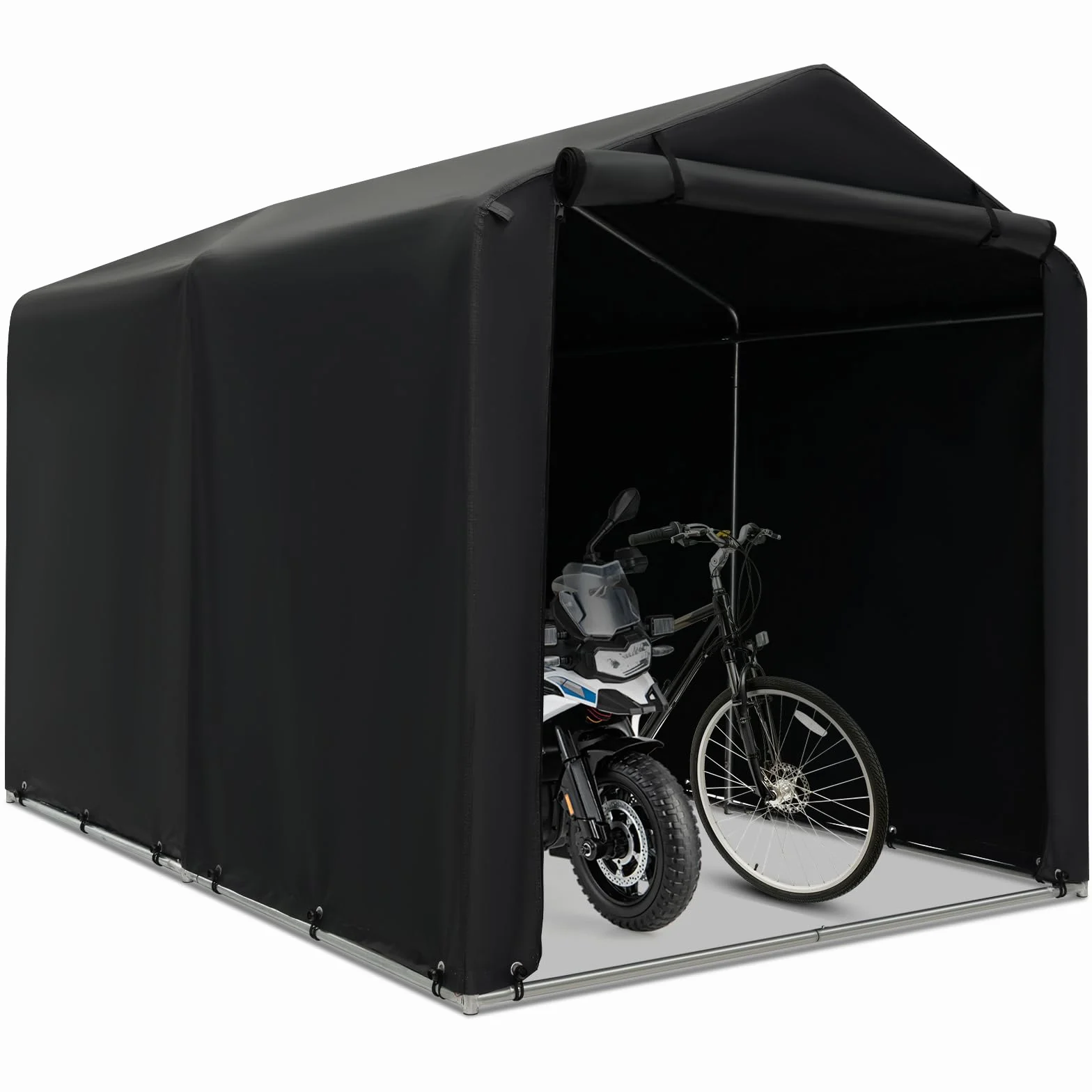 SOARS Capanno da Giardino 218 X 160 X 164 CM, Tenda Garage per Bici Moto Attrezzi, con Copertura en PE Impermeabile, Porta con Cerniera, Telaio in Metallo, Picchetti, per Esterno (Grigio Scuro)