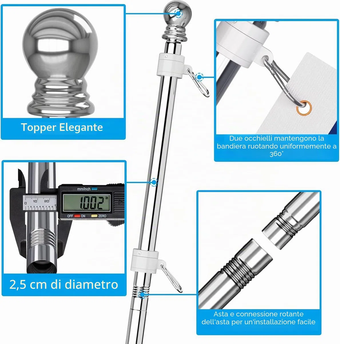 Kit Asta Bandiera Acciaio Inossidabile 180 cm con Staffa, Argento