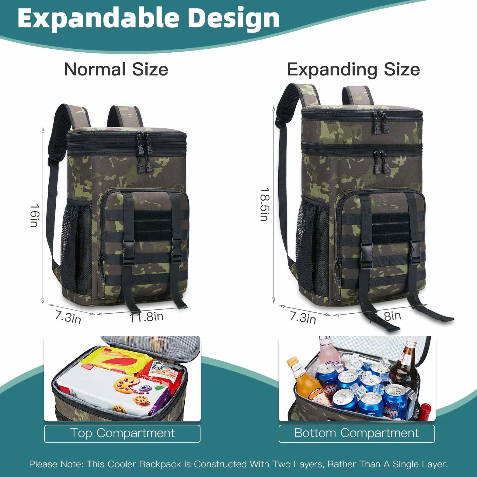 Borsa termica zaino 30L borsa frigo grande regolabile isolata picnic campeggio spiaggia Nero mimetico