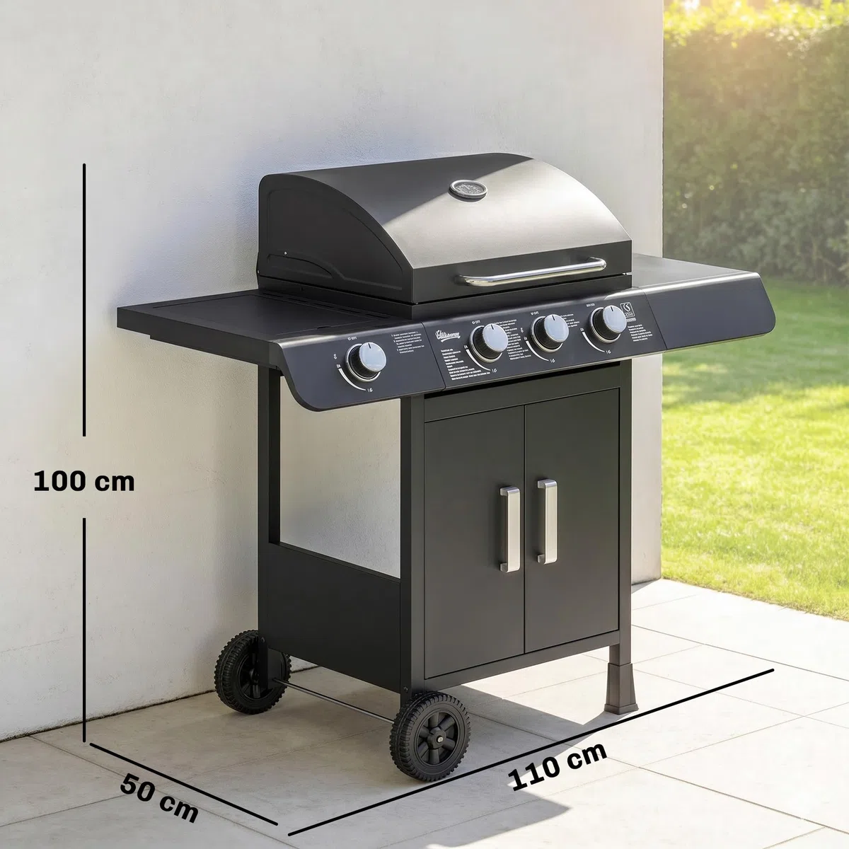 Outsunny Barbecue a Gas 4 Bruciatori 11.6kW Termometro Fornello Laterale Mensola 2 Ruote 110x50x100cm Nero