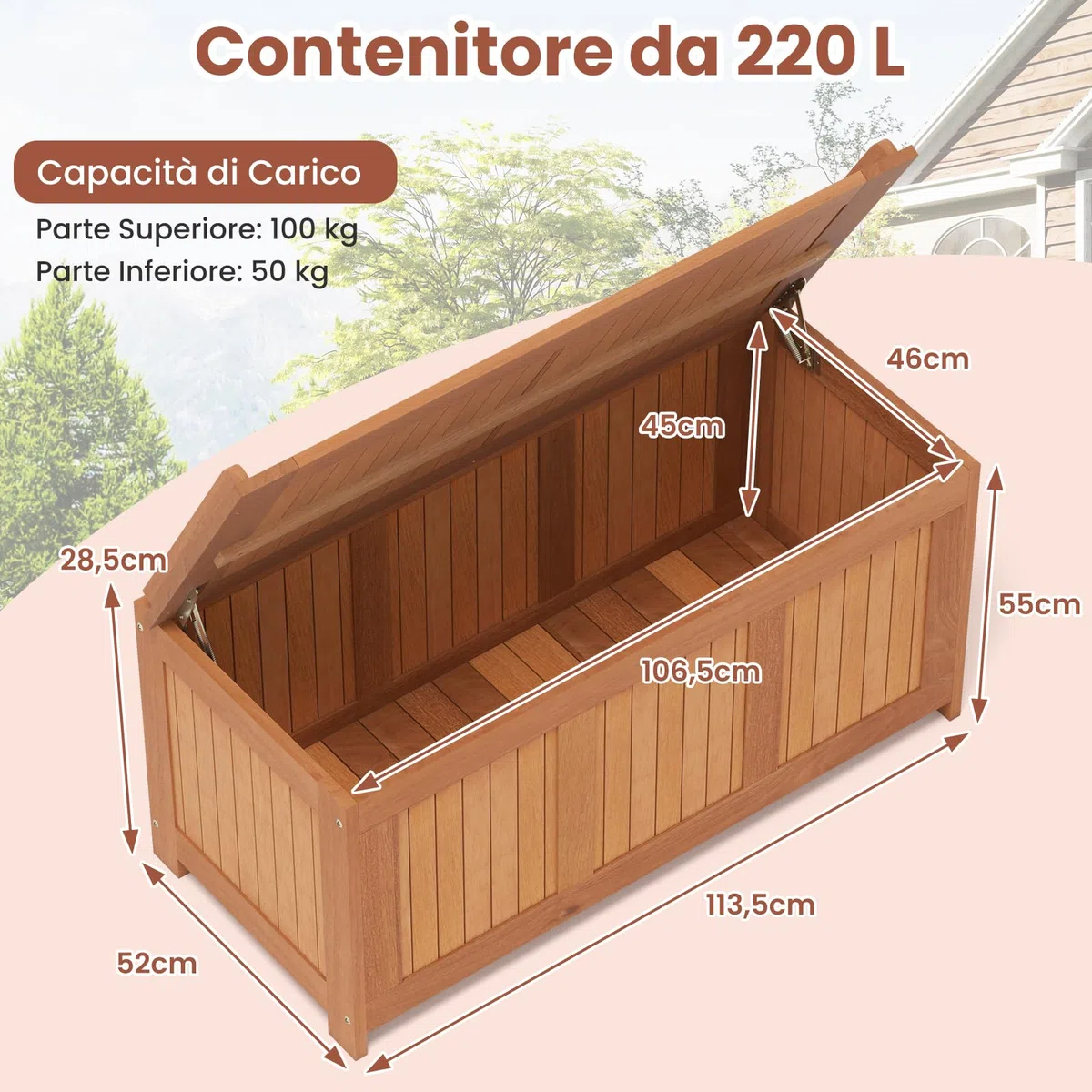 COSTWAY Baule da Giardino 220L, 3 in 1 Cassapanca Contenitore in Legno Massello con Coperchio Ribaltabile e Bordi Rialzati, Panca Portaoggetti per Interni e Esterni, 113,5 x 52 x 58,5 cm