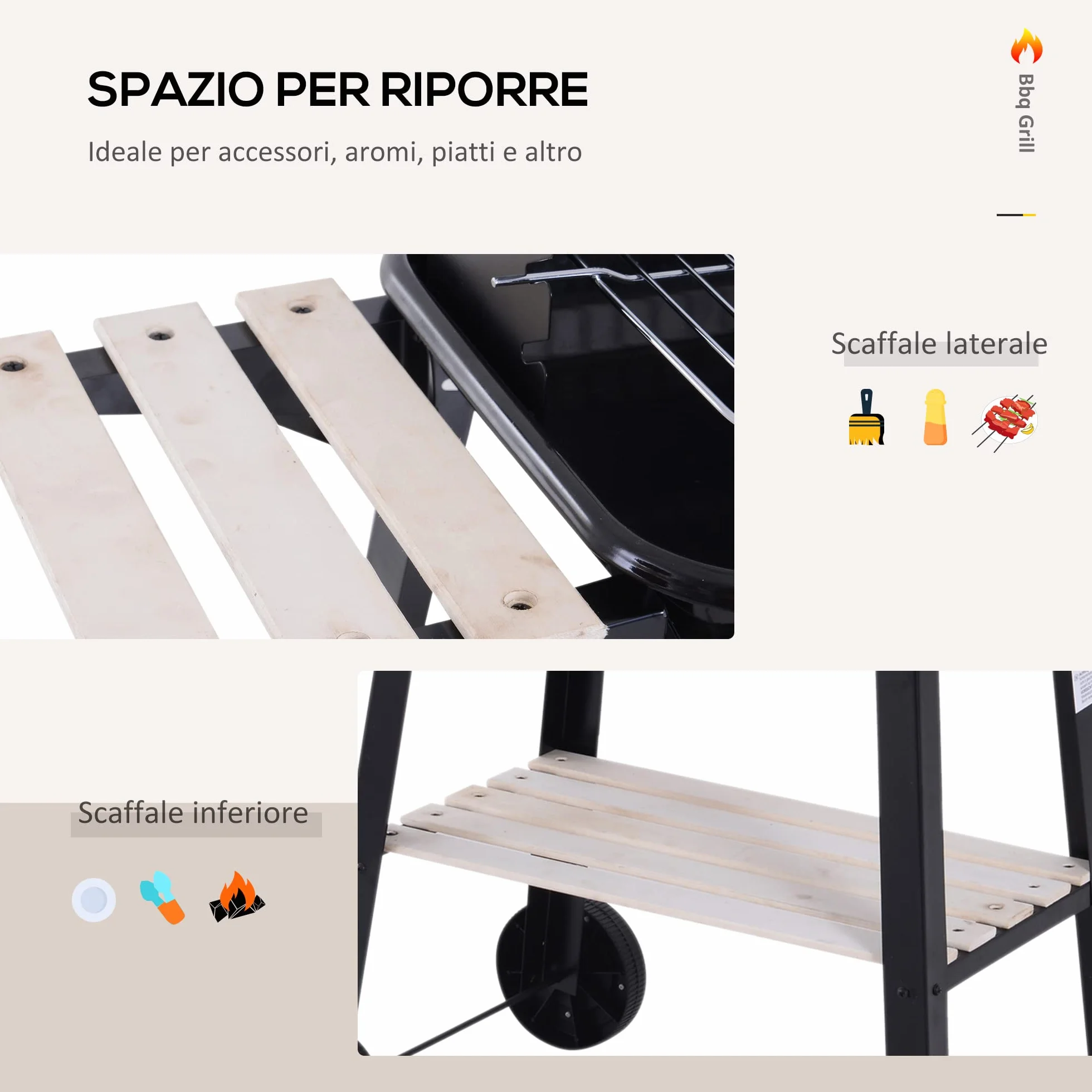 Outsunny Griglia a Carbone Barbecue BBQ Carrello Grill 83x37x87 cm Nero Ferro Legno