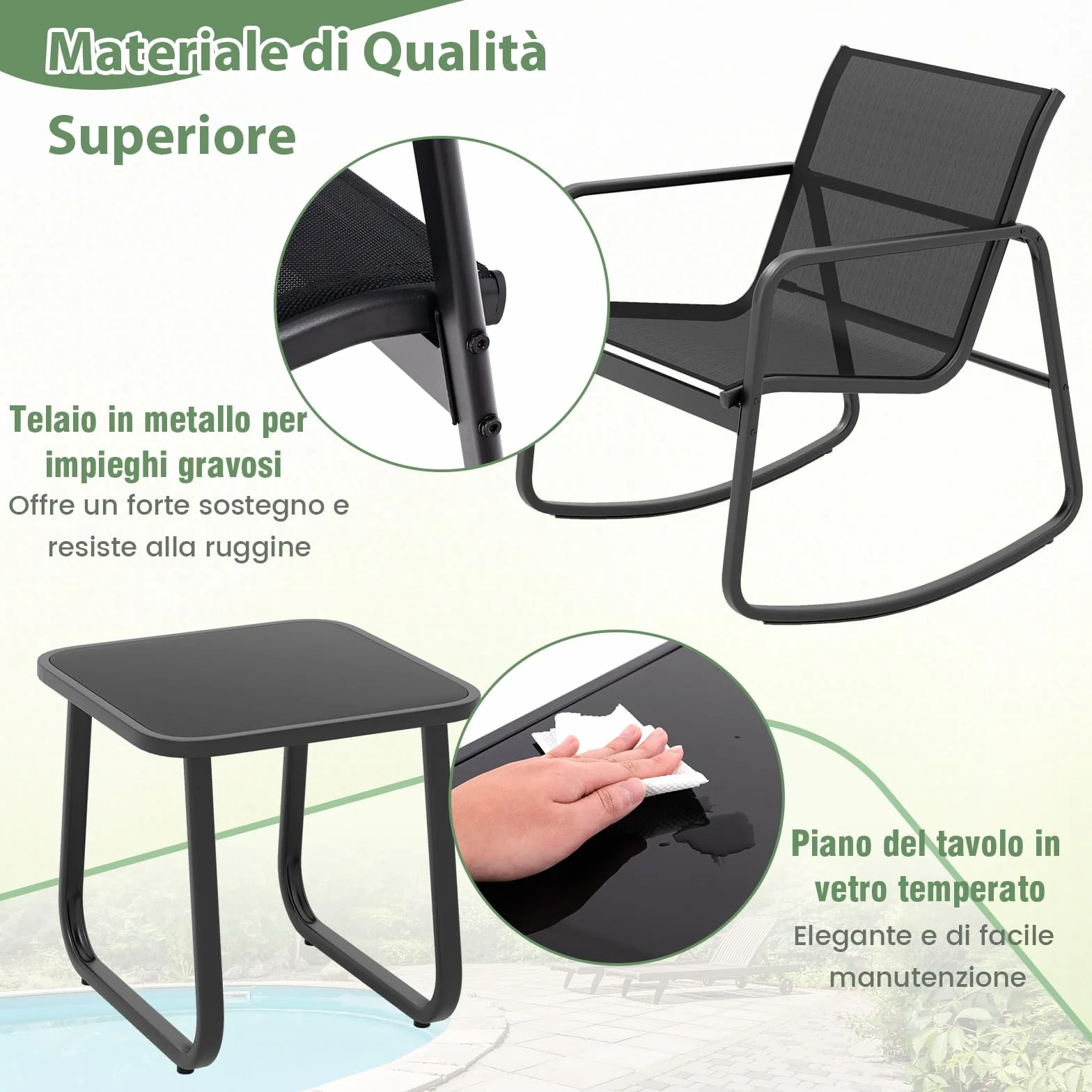 COSTWAY Set Bistrò 3 Pezzi, Sedie a Dondolo Ergonomiche Textilene, Tavolino Vetro Temperato, Struttura Metallo, Nero