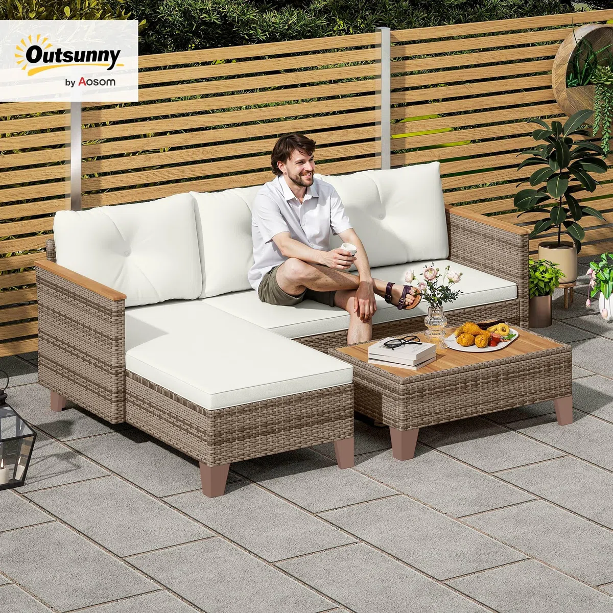 Outsunny Set di Mobili da Giardino in Rattan 3 Pezzi, Salotto da Esterno con Divano a 2 Posti, Chaise Longue, Tavolino da Caffè in Vetro e Cuscini Lavabili, Struttura in Acciaio, Cachi/Crema
