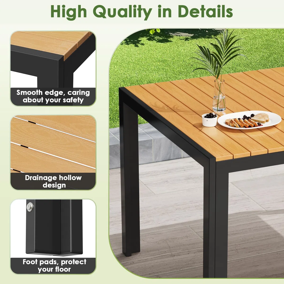 LIFERUN Tavolo da giardino grande, resistente alle intemperie, 140 x 90 x 75 cm, in alluminio, con piano in WPC, tavolo da pranzo rettangolare, per 6 persone, robusto giardino, terrazza, balcone