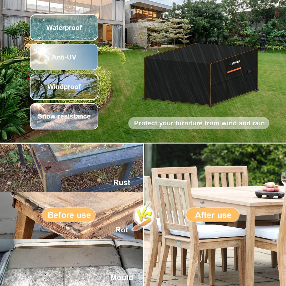 Copertura Tavolo Esterno Telo Copri Tavolo Arredo Rettangolare 160x160x74cm Copertura per Mobili da Giardino Panno 420D Oxford Impermeabile Copertura Telo Copri Tavolo, Antivento Anti-UV Nero