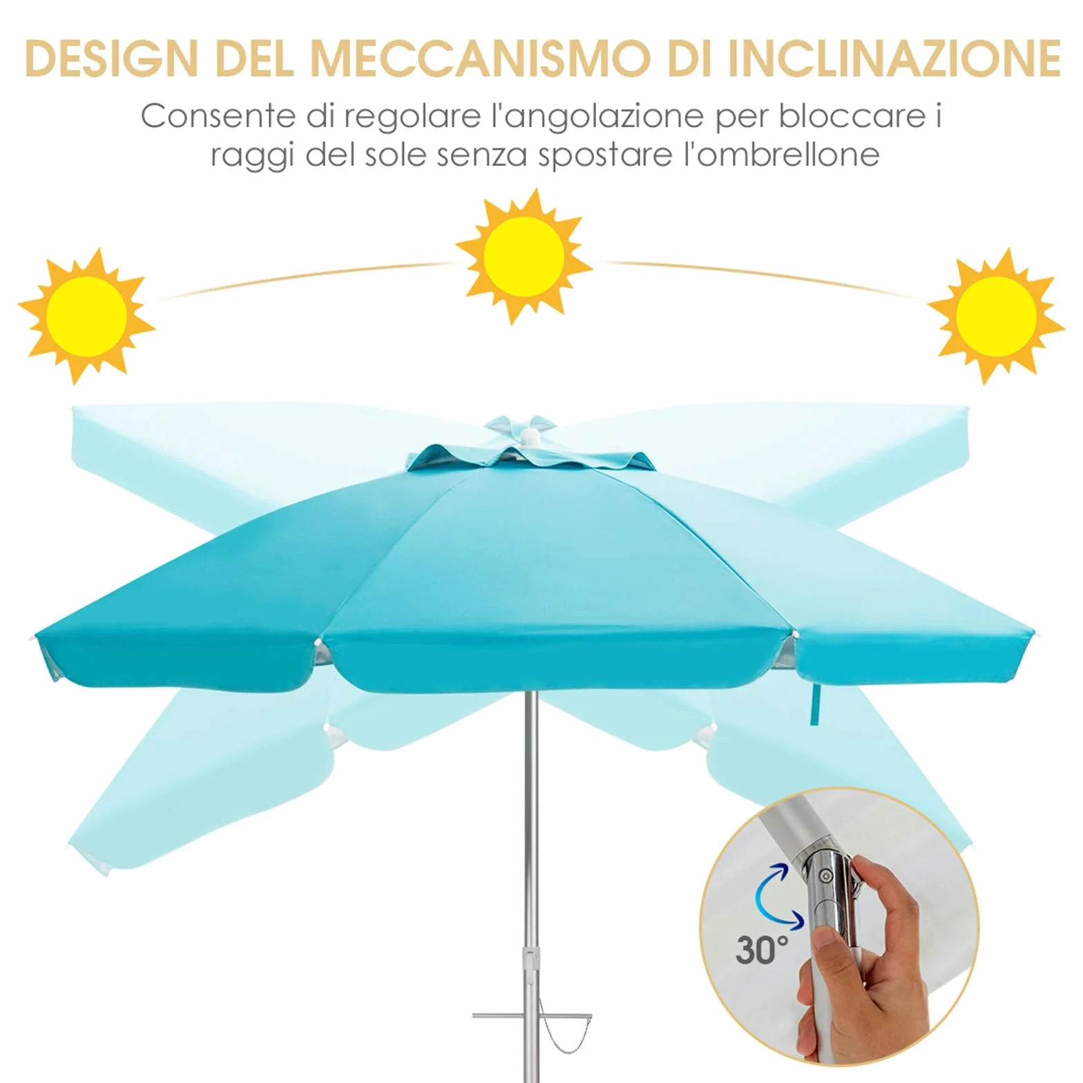 COSTWAY Ombrellone da Spiaggia 198 cm, Parasole Esterno con Palo Inclinabile in Alluminio, Anti UV 50+, 8 Stecche, Blu