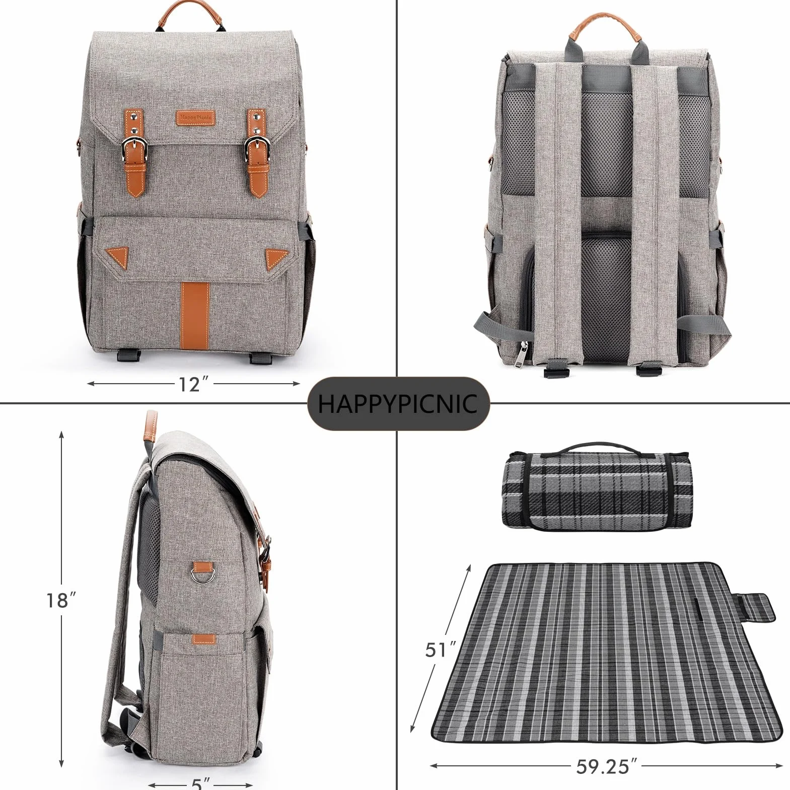 HappyPicnic Zaino da picnic per 4 persone isolato con set completo di stoviglie, ampio scomparto refrigerante, portabottiglie e grande coperta da picnic impermeabile