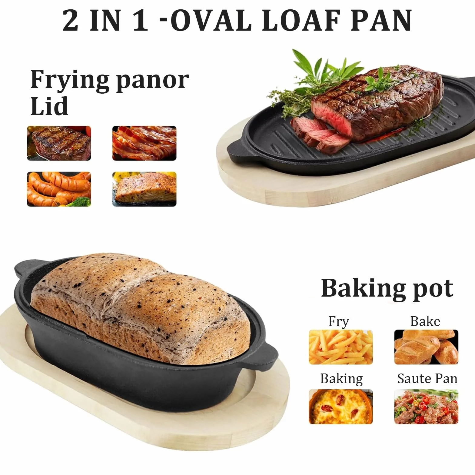 Pentola 2 in 1 in ghisa olandese, ovale 28 cm, grande padella in ghisa per cuocere il pane, pane e forno in ghisa con coperchio per cuocere a vapore, grigliare, zuppe, tostare, forno
