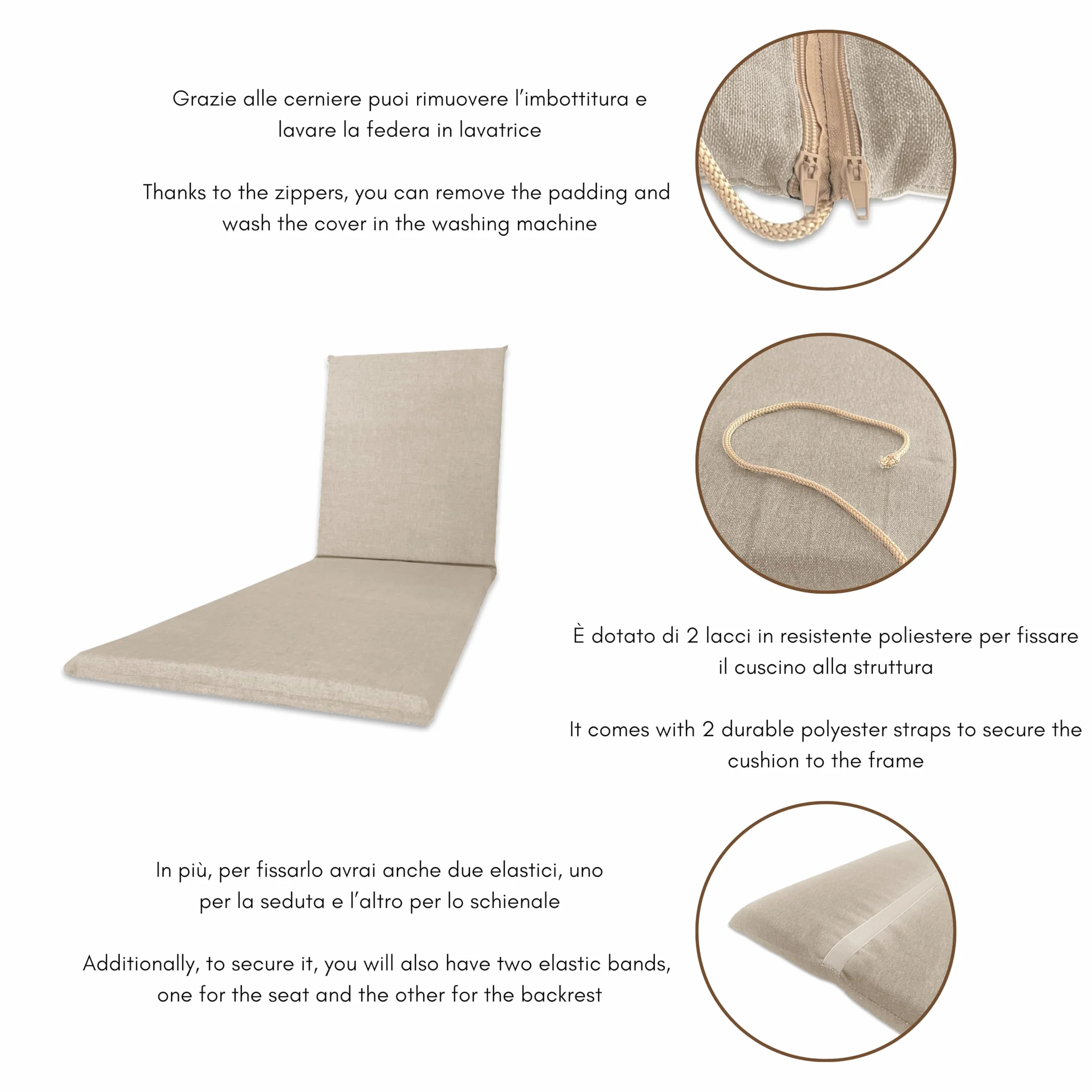 Il Tuo Artigiano Design Cuscino per Lettino Prendisole Tinta Unita Loneta 190x60x4,5cm, Cuscino per Lettini da Spiaggia e Lettini da Giardino, Totalmente Sfoderabile Made in Italy