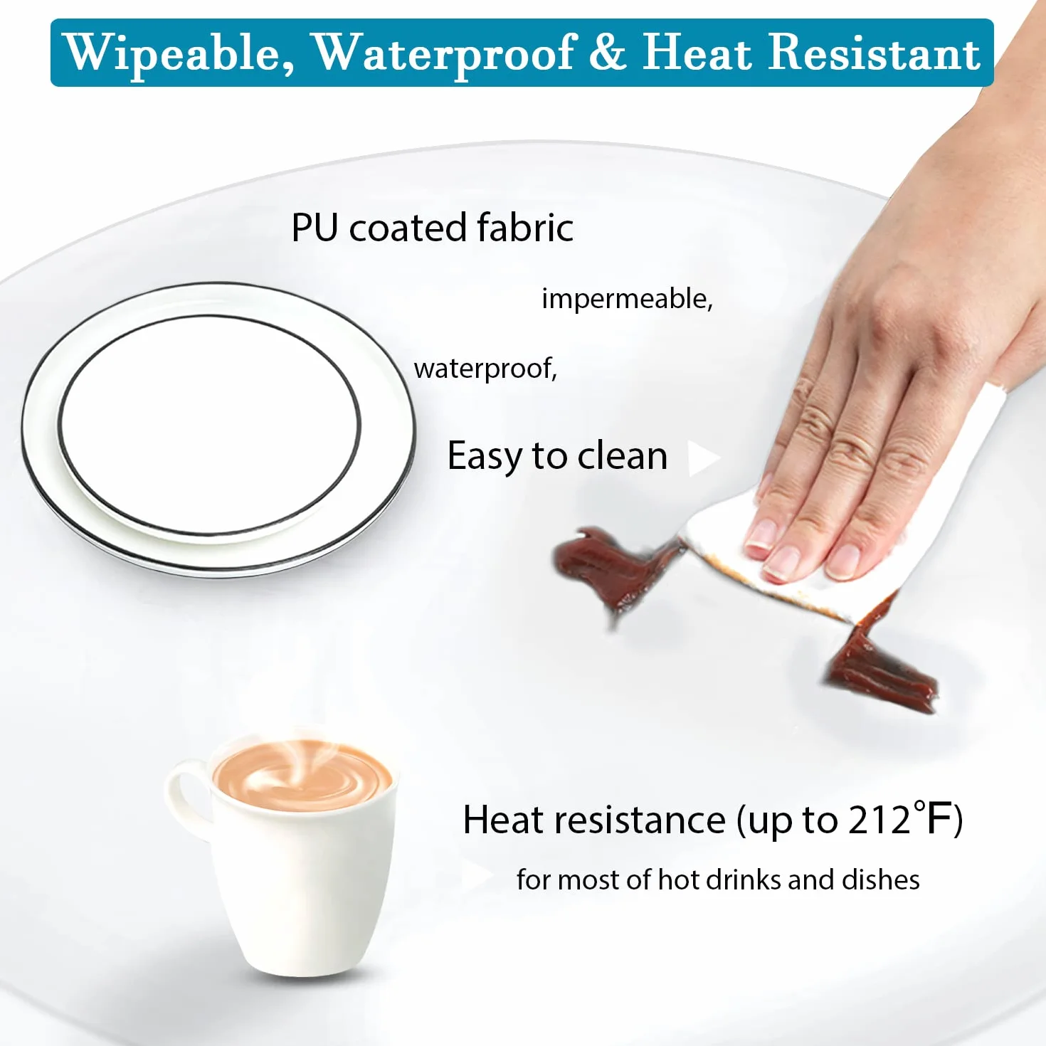 Doppia PU Rotondo Fitted Tovaglia Anti-Tear Elastica Impermeabile Antiolio Bianco 57''-60''