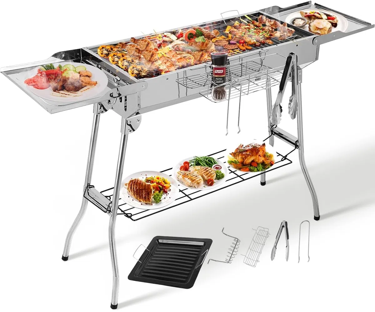 Griglia a Carbone Barbecue a Carbonella XXL, Portatile Pieghevole in Acciaio con Doppie ali, Antiadherente