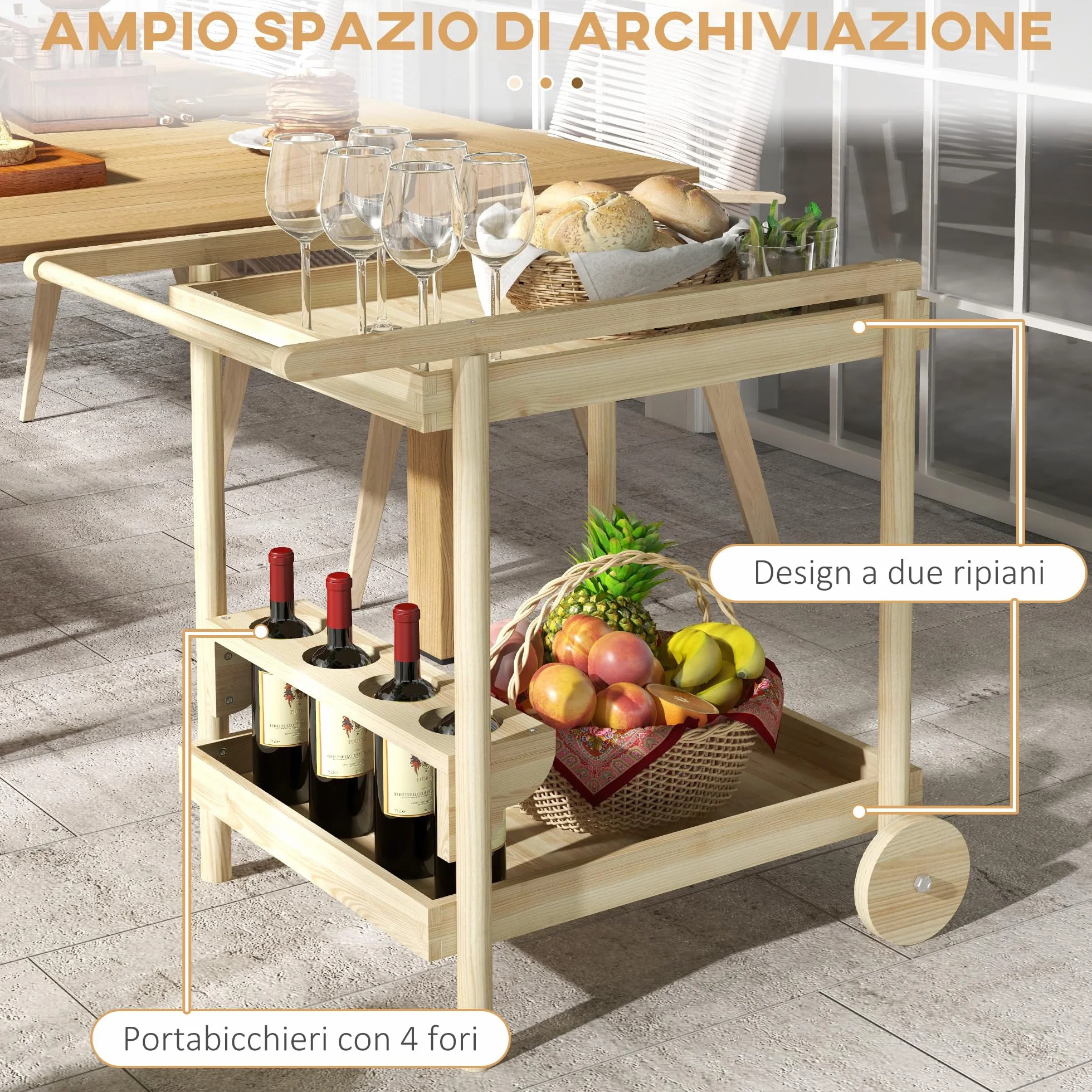 Outsunny Carrello da Giardino in Legno di Abete a 2 Ripiani, 78x58.5x75 cm