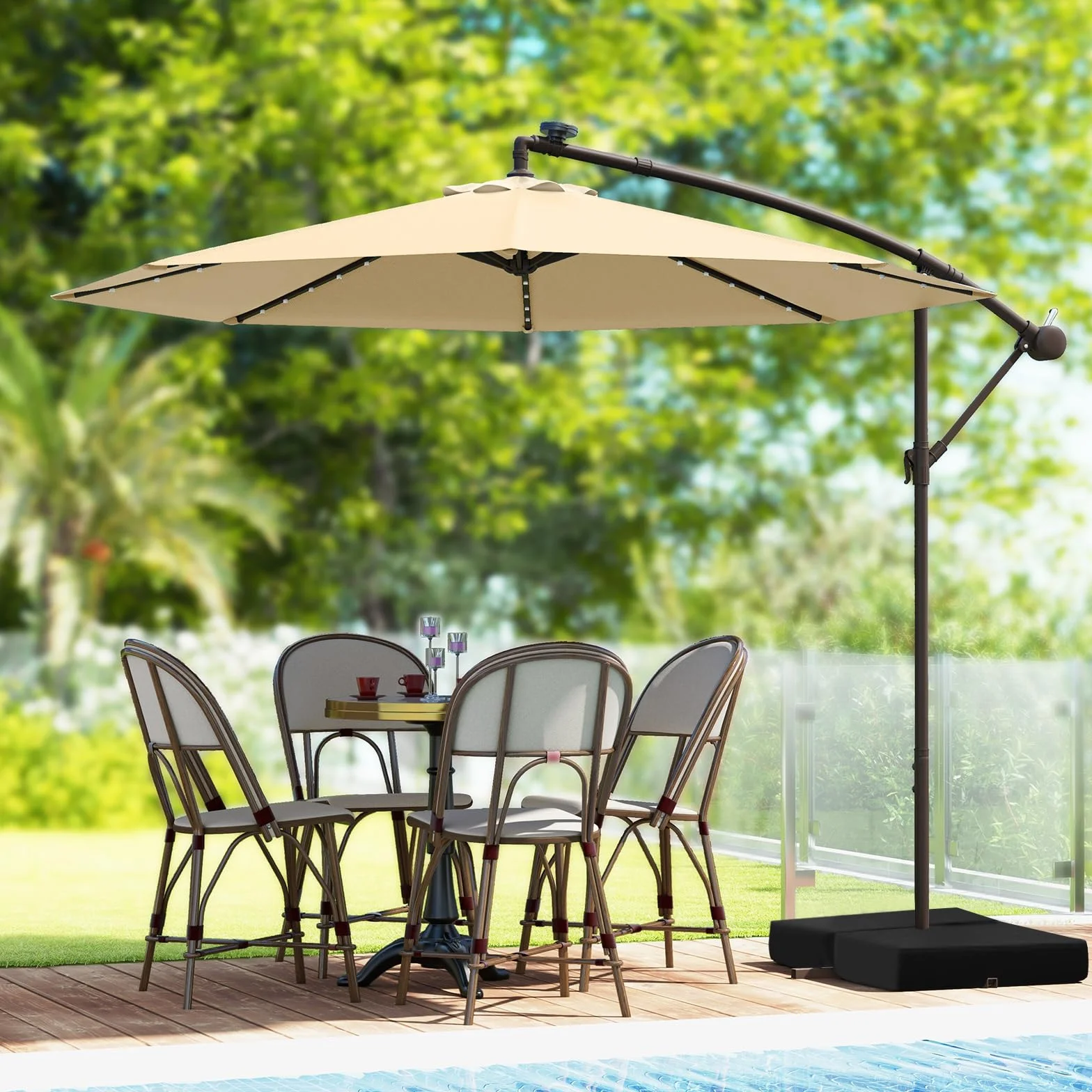 COSTWAY Ombrellone da Giardino 300 cm, Luci LED Solari, Anti-UV, Inclinazione Regolabile, Manovella, Beige