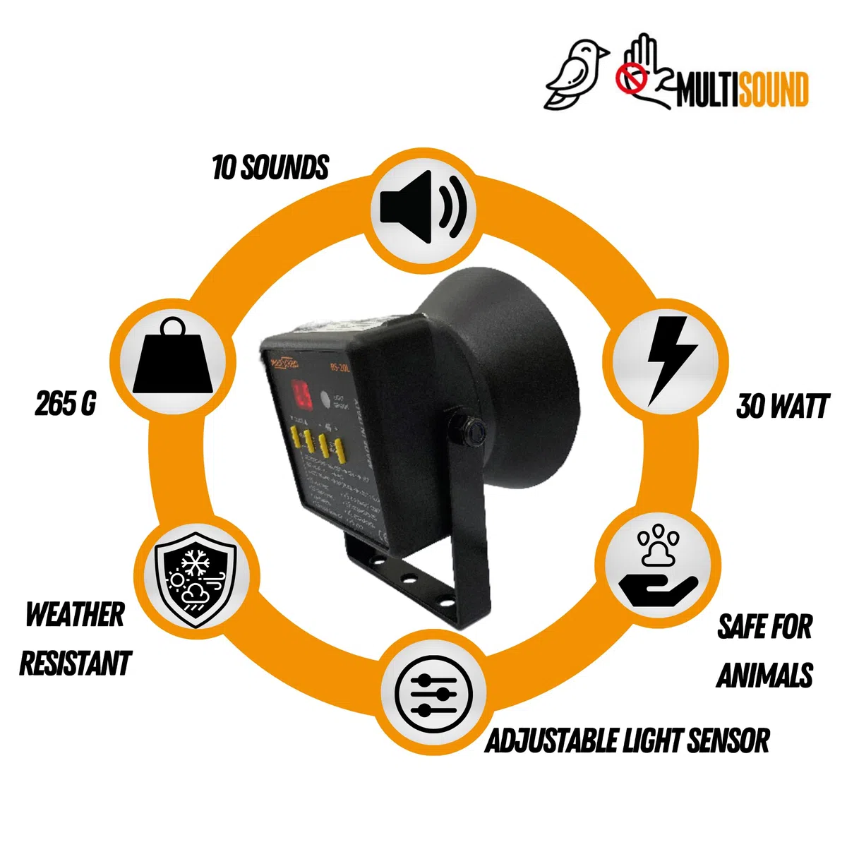 Multisound - Dissuasore Acustico Scaccia Piccioni, Storni, Gazza, Cornacchia, Picchio - Deterrente Uccelli Repellente Sonoro per Allontanare Piccioni e Uccelli (BS-20L - URB-1_REV2)