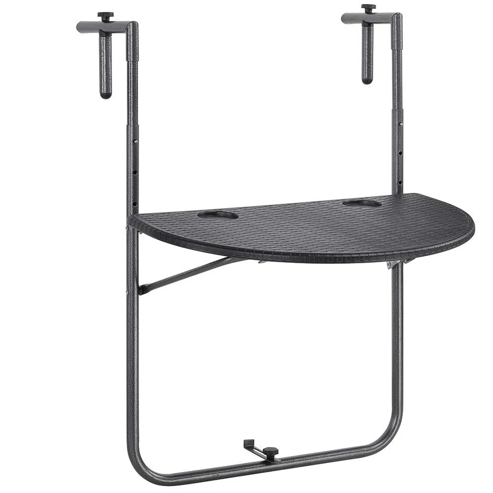 BAKAJI Tavolo Pieghevole da Ringhiera Esterno Balcone Altezza Regolabile Metallo Polyrattan Portabicchieri 60x64cm Nero