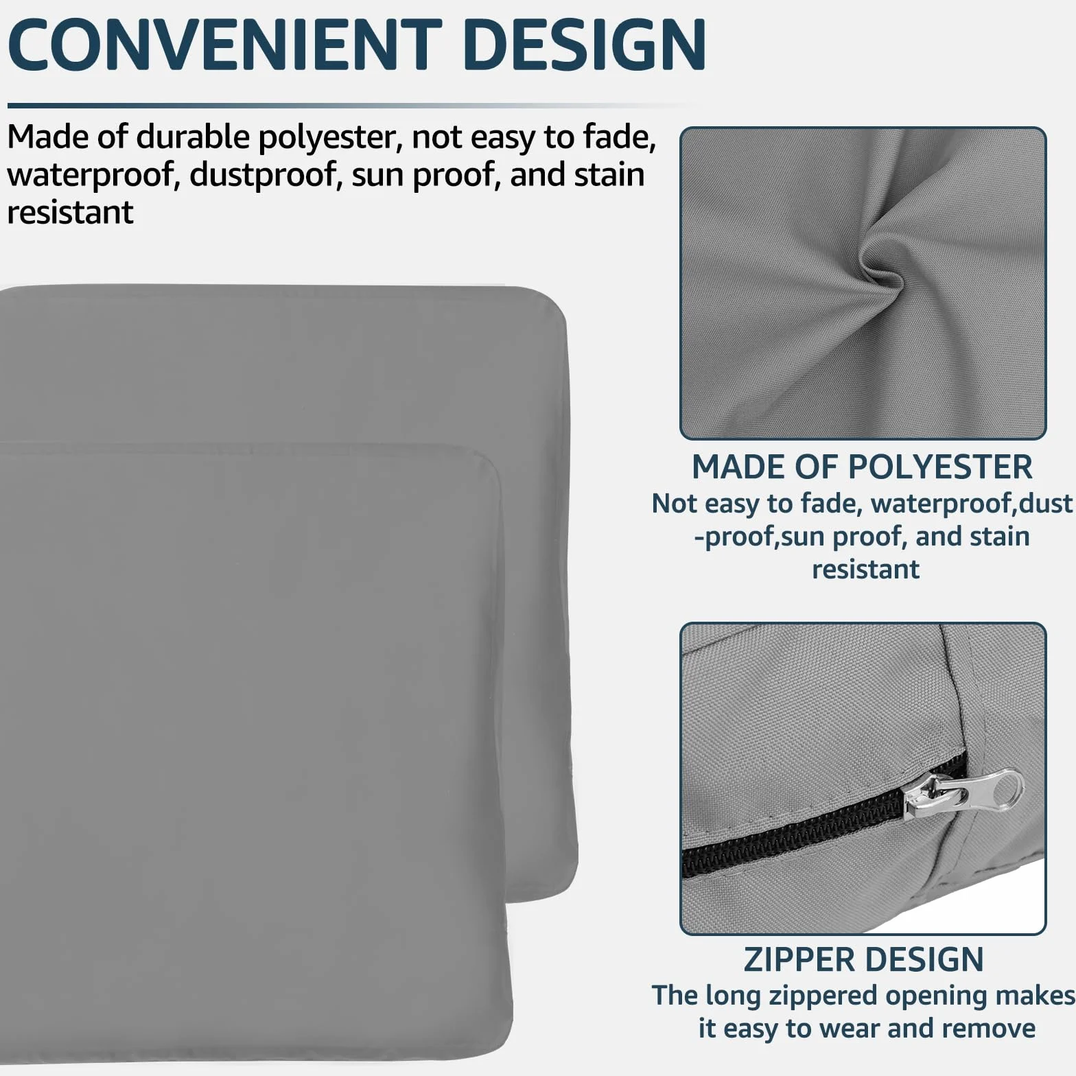 4 fodere di ricambio per cuscini da giardino da 60 x 60 x 10 cm, impermeabili, minimaliste, con chiusura a zip, solo fodera (grigio)