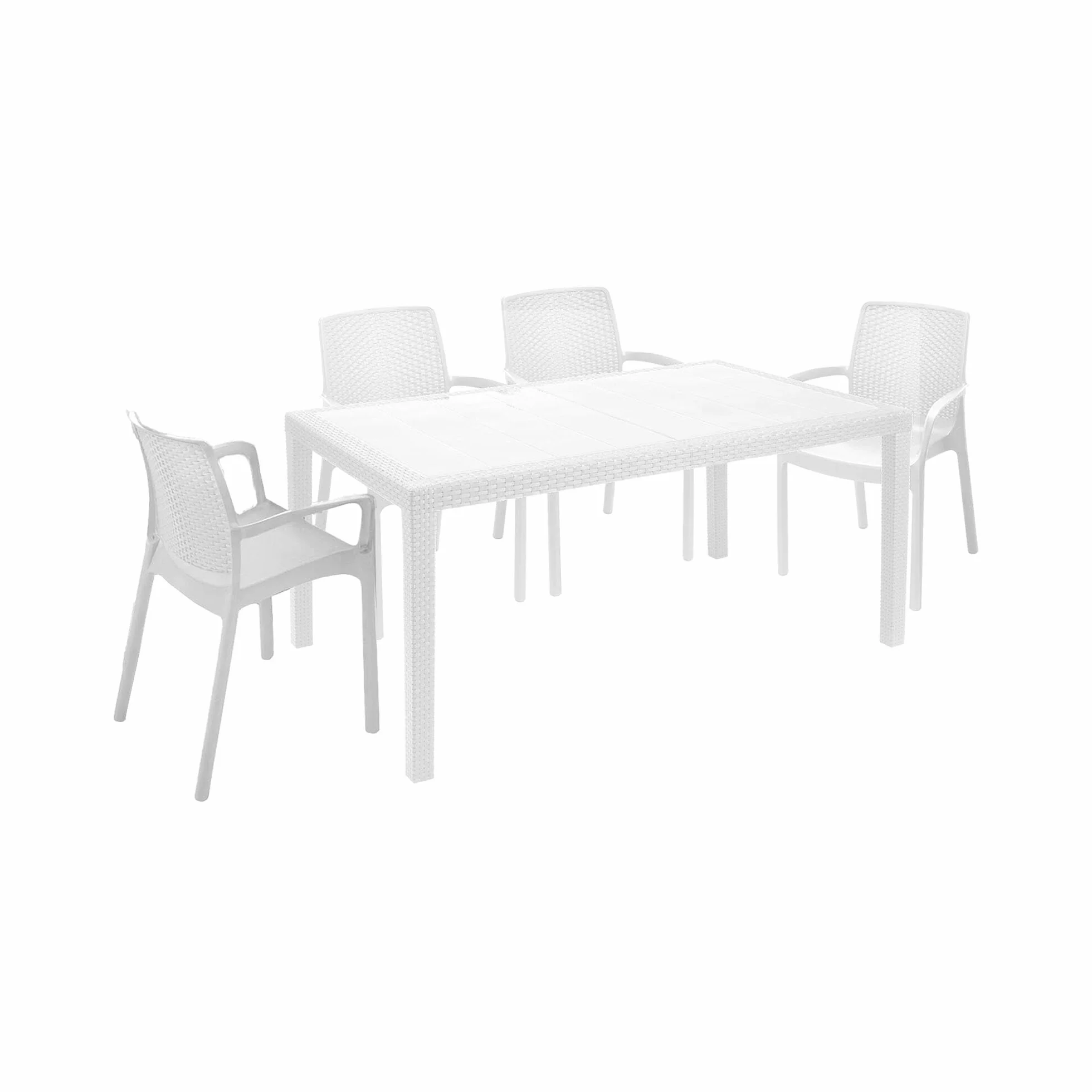 Dmora Set Salotto da Esterno Tarquinia, Salottino Outdoor e Indoor, Tavolo Rettangolare con 4 Sedie Impilabili, Bianco