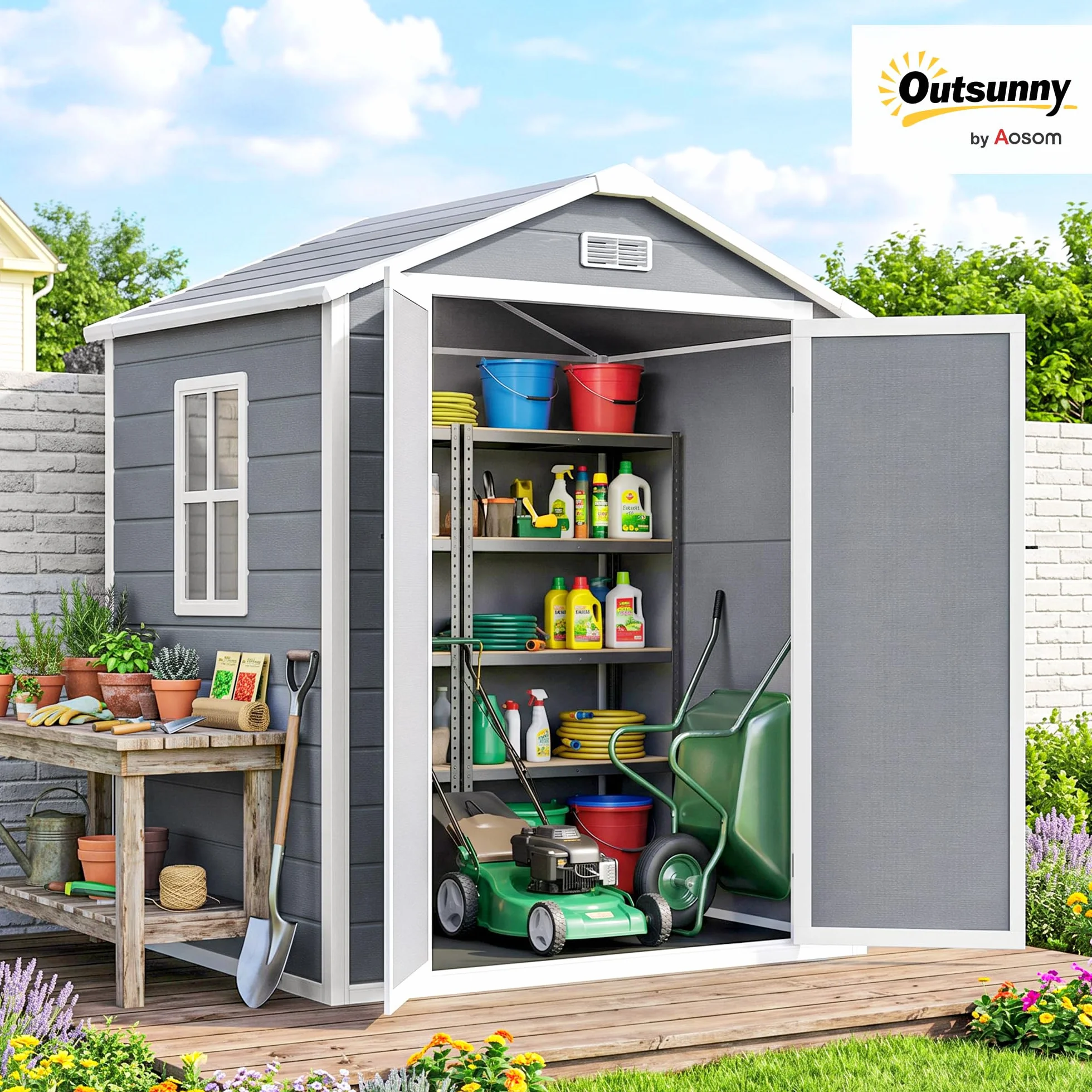 Outsunny Casetta da Giardino Porta Attrezzi in Finitura Effetto Legno Graffiato con Pavimento, 2.12m² Capanno da Giardino con Doppia Porte e Serratura, Tetto Inclinato, 183x134x210 cm, Grigio