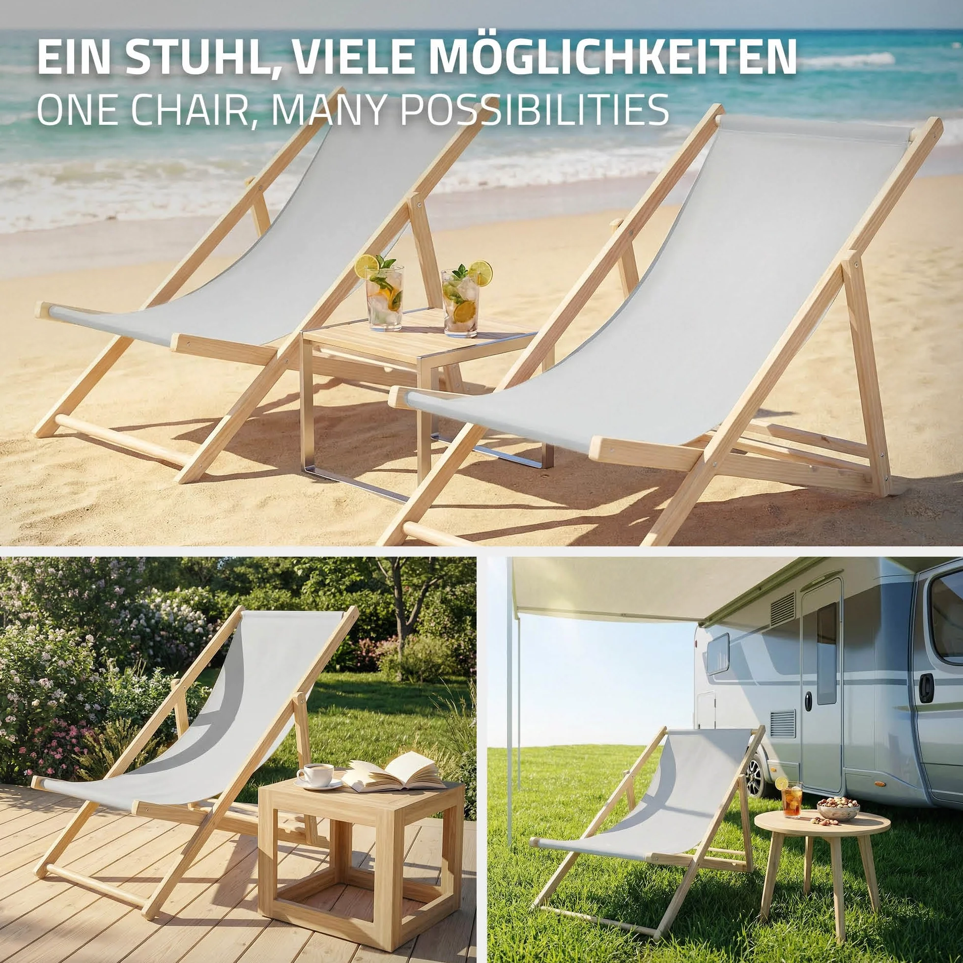 ECD Germany 10x Sedie a Sdraio Pieghevole in Legno con Tessuto Traspirante Grigio Chiaro Schienale Reclinabile in 3 Posizioni, Lettino Relax con Portata 120 kg per Spiaggia, Giardino e Terrazza