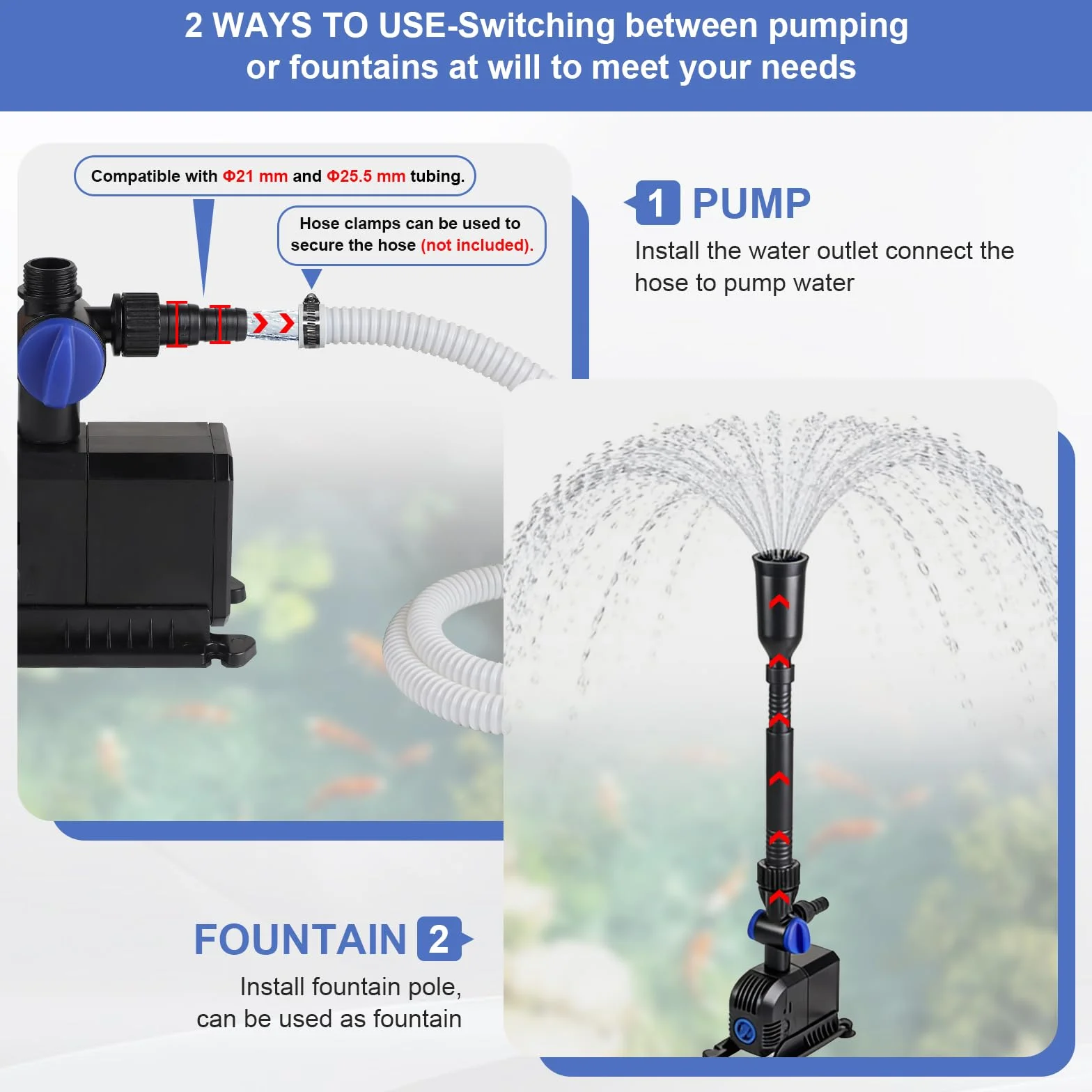 EFUTURETIME Pompa per Laghetto da Giardino 3000l/H 55W, Pompa per Fontana da Esterno Interno 3m Prevalenza, 2 Tipi di Ugelli, 5m Cavo, Pompa per Giochi d'acqua per Paesaggio Acquatico Perfetto