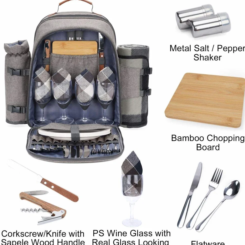HappyPicnic Zaino da picnic isolato 4 persone stoviglie scomparto raffreddamento portabottiglie tappeto impermeabile