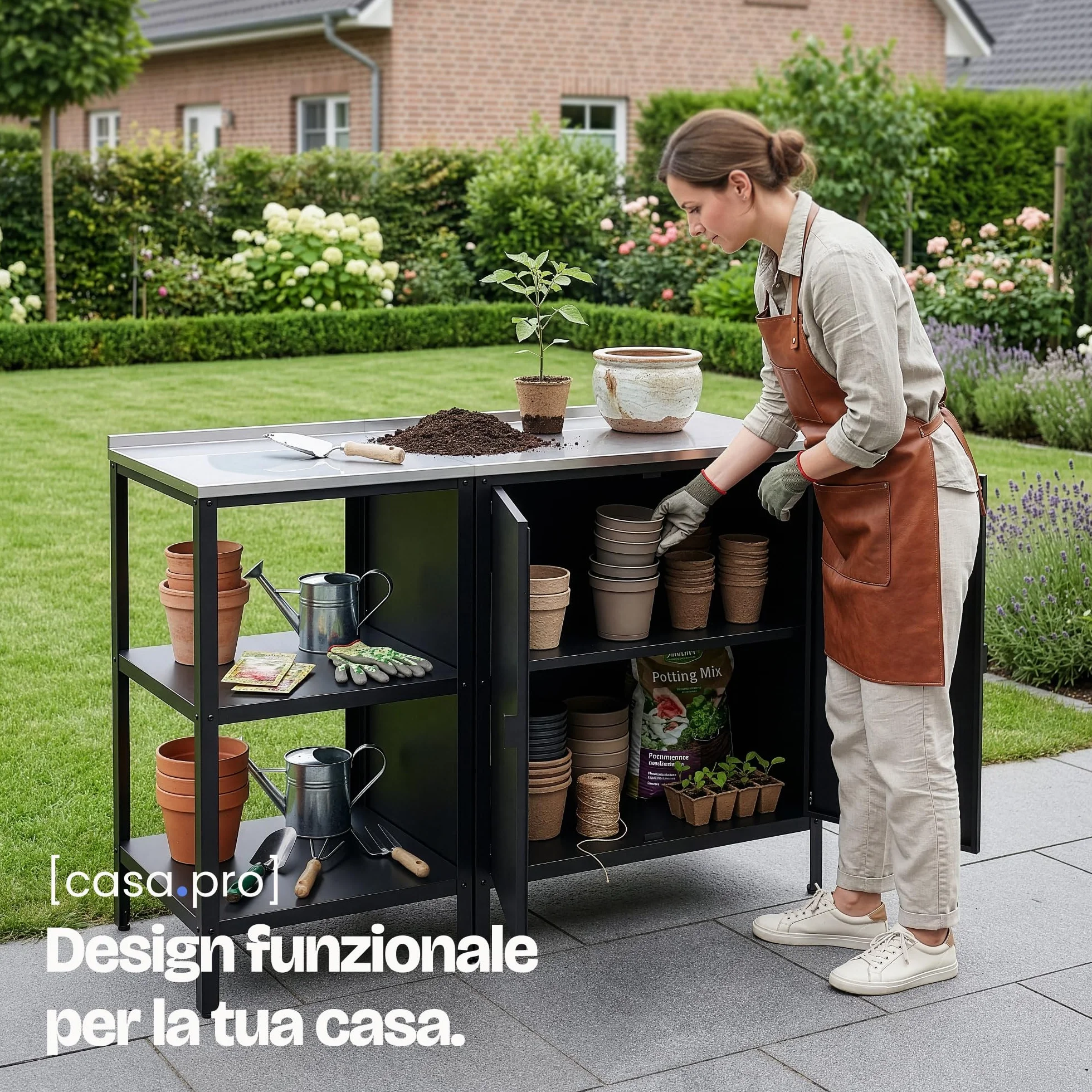 casa.pro Set di Mobili Organizzatori da Esterno Composto di Armadio da Giardino e Bancone in Acciaio con Ripiani Piedini Regolabili per Livellare - Grigio/Nero Opaco