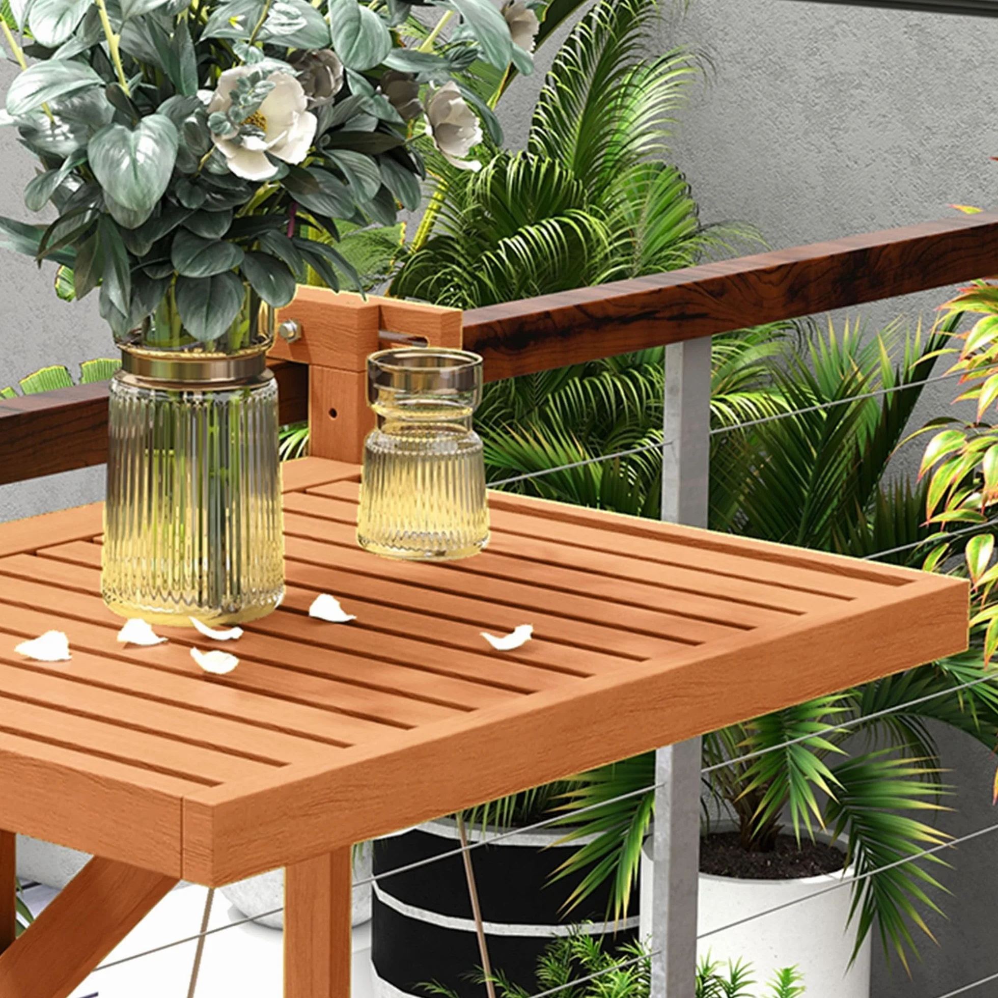 Outsunny Tavolino da Balcone Pieghevole Regolabile in Altezza 40.5-55cm, Legno di Pino, Teak