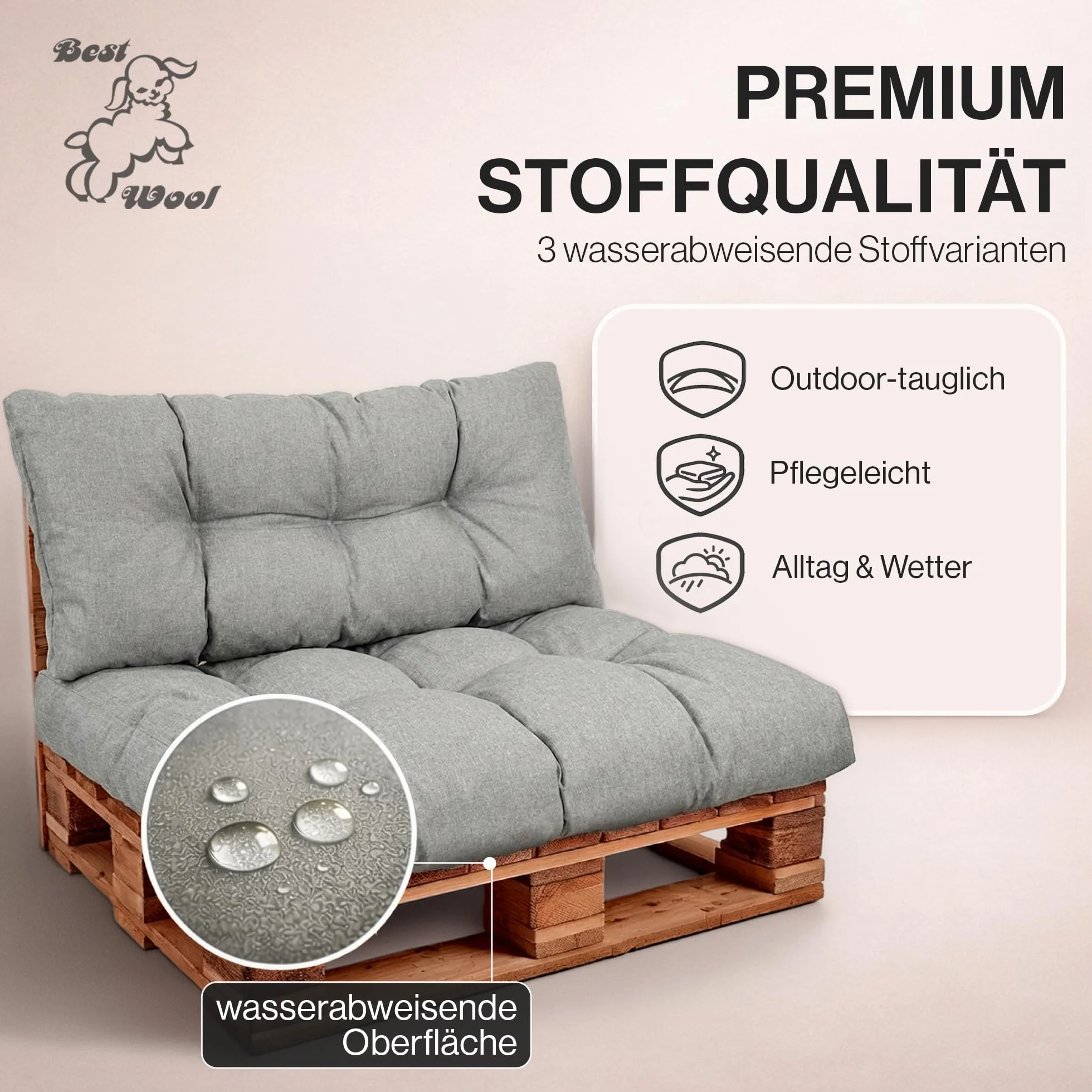 Set di Cuscini per Pallet Impermeabili – Cuscino D’assise per Pallet Europei – Imbottitura con Schiuma Granulare Poulirette – Include Cuscino D’assise 120x80cm + Schienale 120x40cm