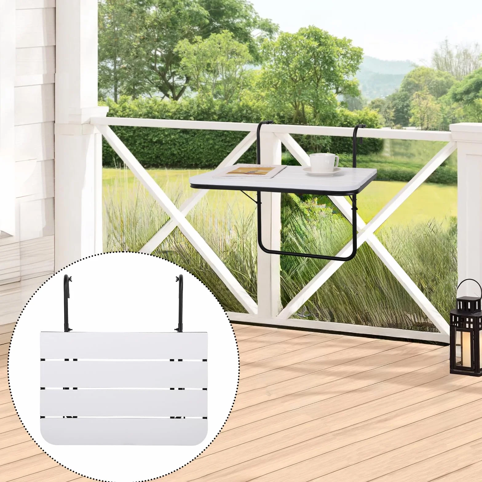 Tavolo da pranzo da balcone per esterni, pieghevole, per ringhiere, in legno bianco, con telaio in metallo, regolabile, per ringhiere, compatibile con molte ringhiere