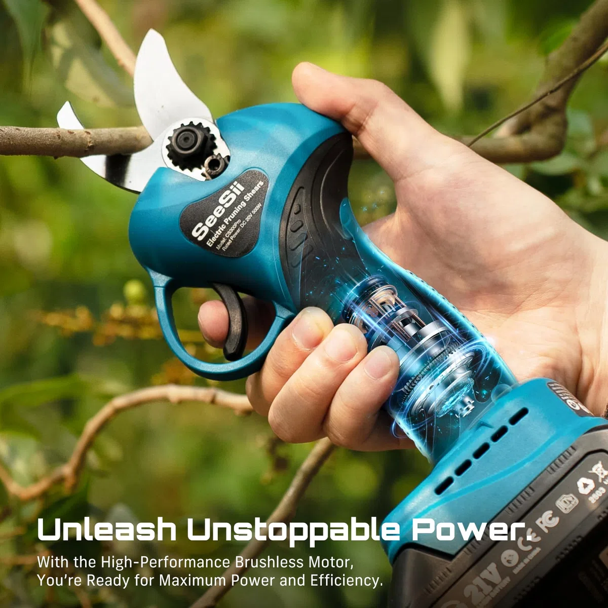 SEESII Forbici Potatura a Batteria, 33mm Forbici Potatura Elettriche con 21V 2x2000mAh Batteria, Motore Brushless, Cesoie per Giardino Albero da Frutta Delle Viti