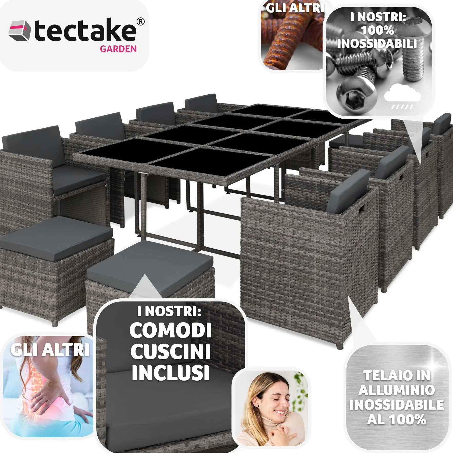 Tectake Set Mobili da Giardino in Poli Rattan 8 Sedie 1 Tavolo 4 Sgabelli Rivestimenti Rimovibili Idrorepellenti Grigio