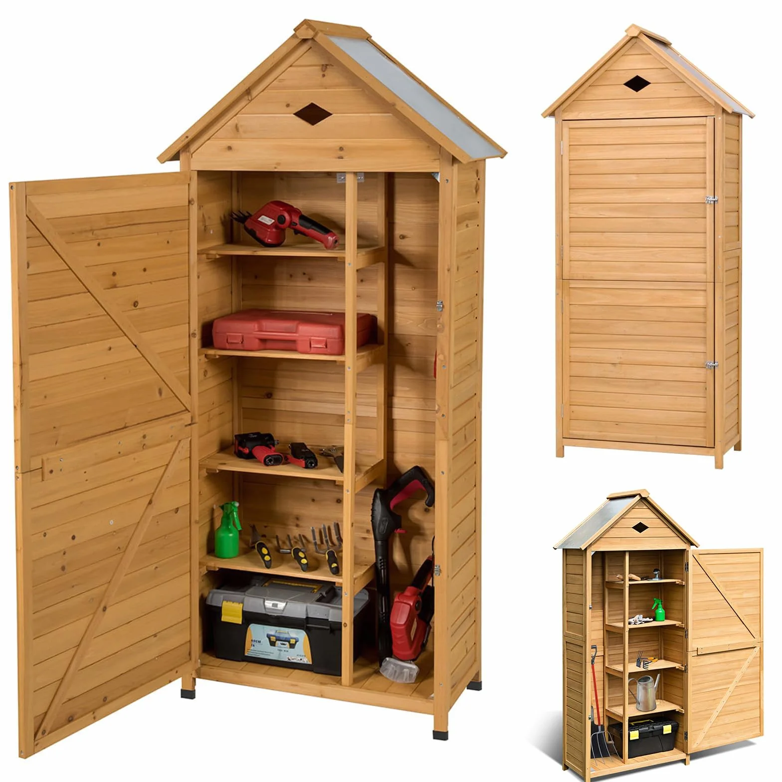RELAX4LIFE Armadio da Esterno in Legno Massello con Tetto in Lamiera Zincata – Impermeabile e Antiruggine – 4 Ripiani Regolabili + Scomparto Alto per Attrezzi (80x45x177cm)