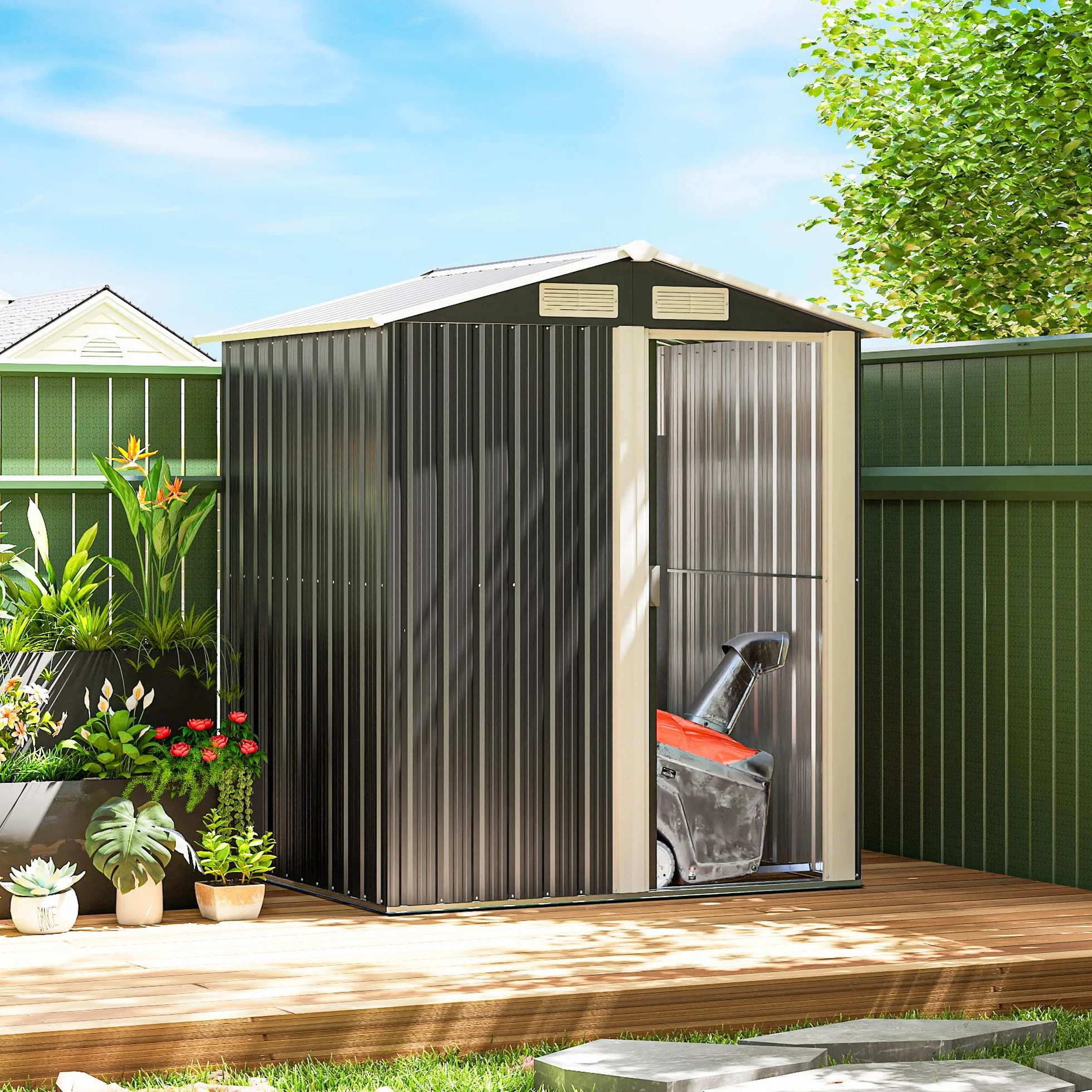 Outsunny Casetta da Giardino 1.7m² in Acciaio Zincato con kit Fondazione, Capanno da Giardino Porta Attrezzi con Tetto Inclinato, 4 Prese d'Aria, Porta Scorrevole, 152x132x188 cm, Grigio Scuro