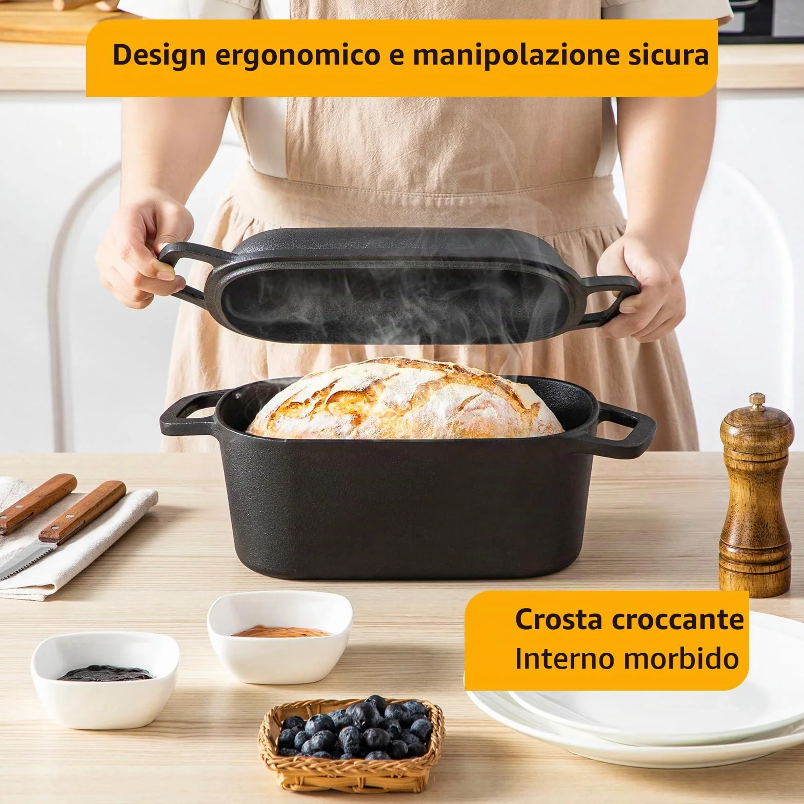 Velaze Pentola in Ghisa per Pane 3.4L - Casseruola in Ghisa Smaltata Rettangolare 27x15cm con Coperchio, Interno Crema Antiaderente - Forno Olandese per Cuocere il Pane e Arrosti, Adatta Induzione