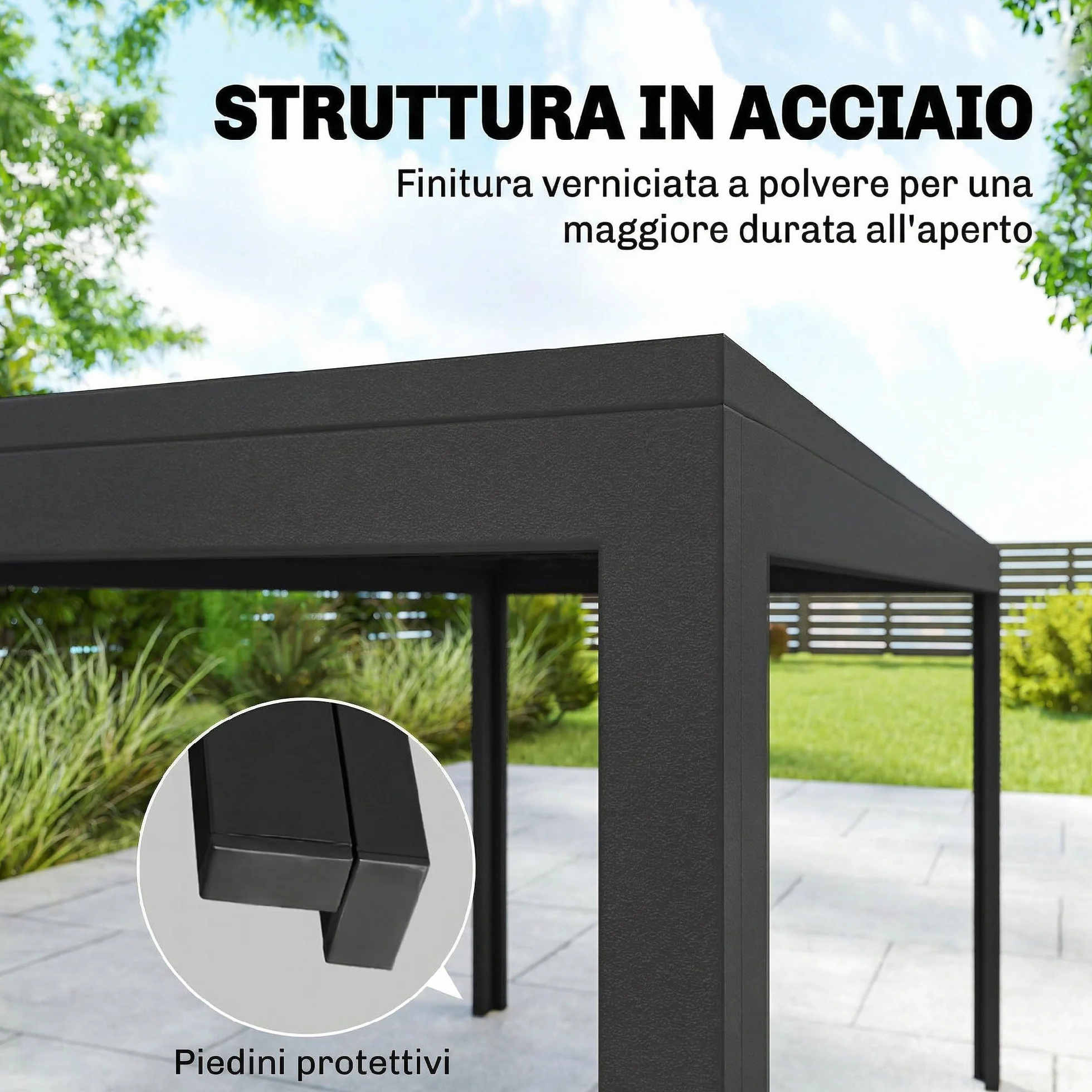 Outsunny Set Tavolo e Sedie da Giardino 7 Pezzi, Set da Pranzo Esterno con 6 Sedie Impilabili in Plastica Finto Rattan e Tavolo in Metallo Effetto Legno, Nero