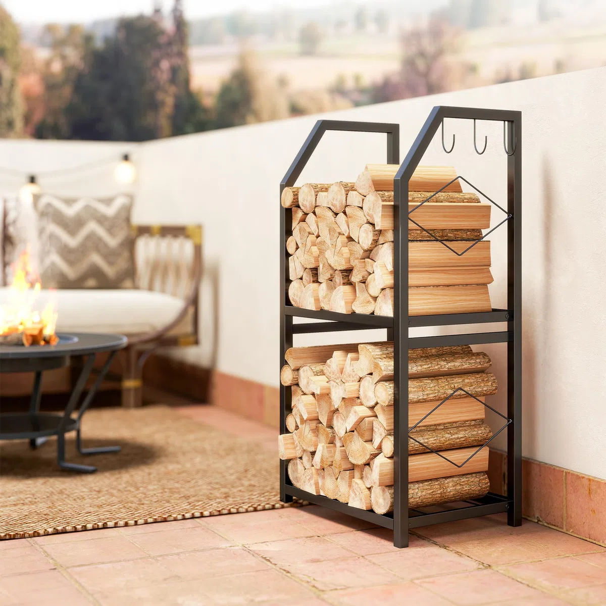 Outsunny Porta Legna in Metallo 2 Livelli 3 Ganci 100kg 41x30x81 cm Nero