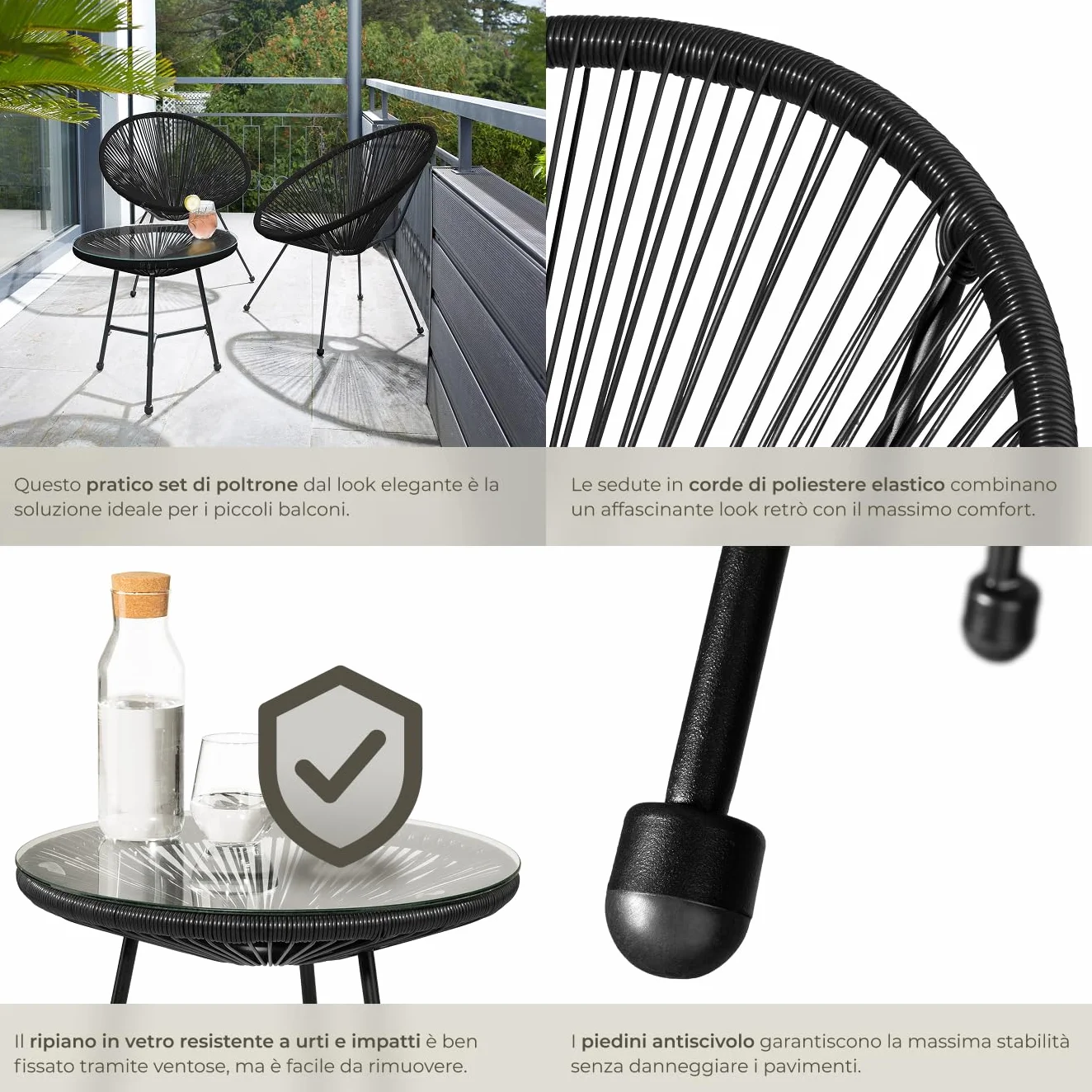Tectake Set 2 Sedie Santana con Tavolo da Esterno, Tavolo Retrò con Vetro di Sicurezza e Telaio in Acciaio, Nero
