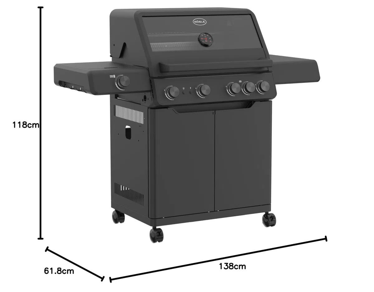 RÖSLE ALLFLAME Hero 4 Barbecue a gas, 4 bruciatori 3.5 kW, PRIMEZONE, superficie cottura 70x45 cm, griglie ghisa