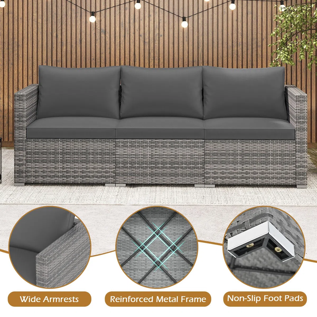 GIANTEX Divano da Giardino a 3 Posti in Rattan con Cuscino Imbottito, Mobili per Terrazza e Balcone, Colore Beige/Grigio, 193 x 67 x 61,5 cm (Grigio)