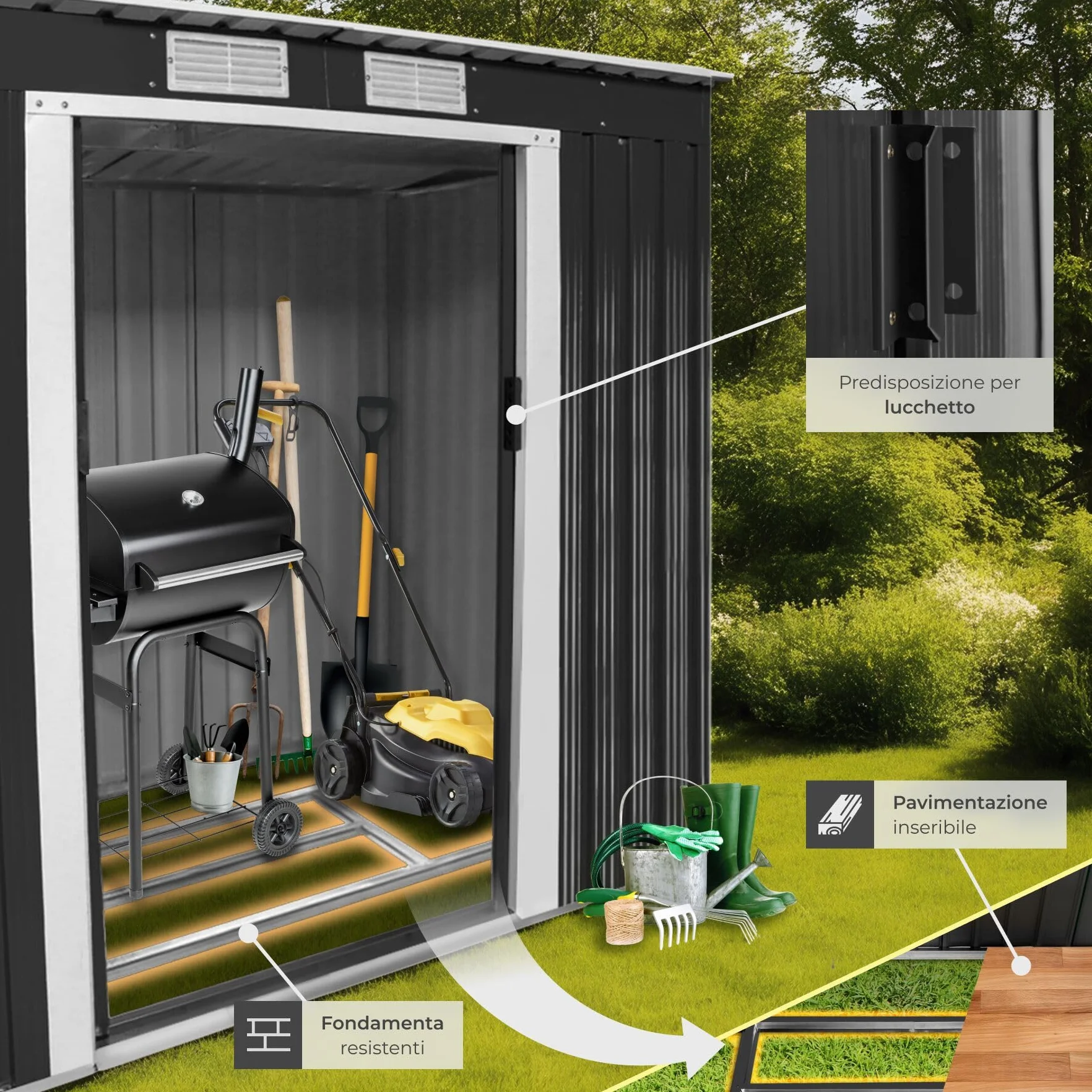 tectake® Casetta da Giardino in Lamiera, Box con Tetto Inclinato, Box da Giardino per Esterno con Porta Scorrevole, Lamiera in Acciaio, Fondamenta in Metallo - Grigio/Bianco