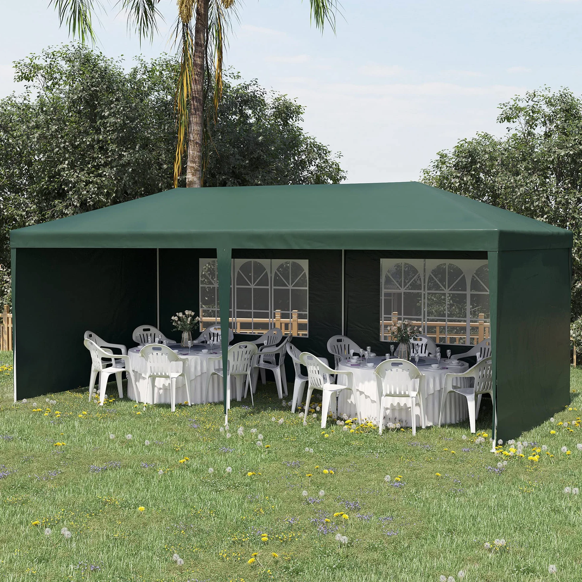 Outsunny Gazebo Giardino 6x3m Acciaio PE Protezione UV Pareti Rimovibili Finestre Verde