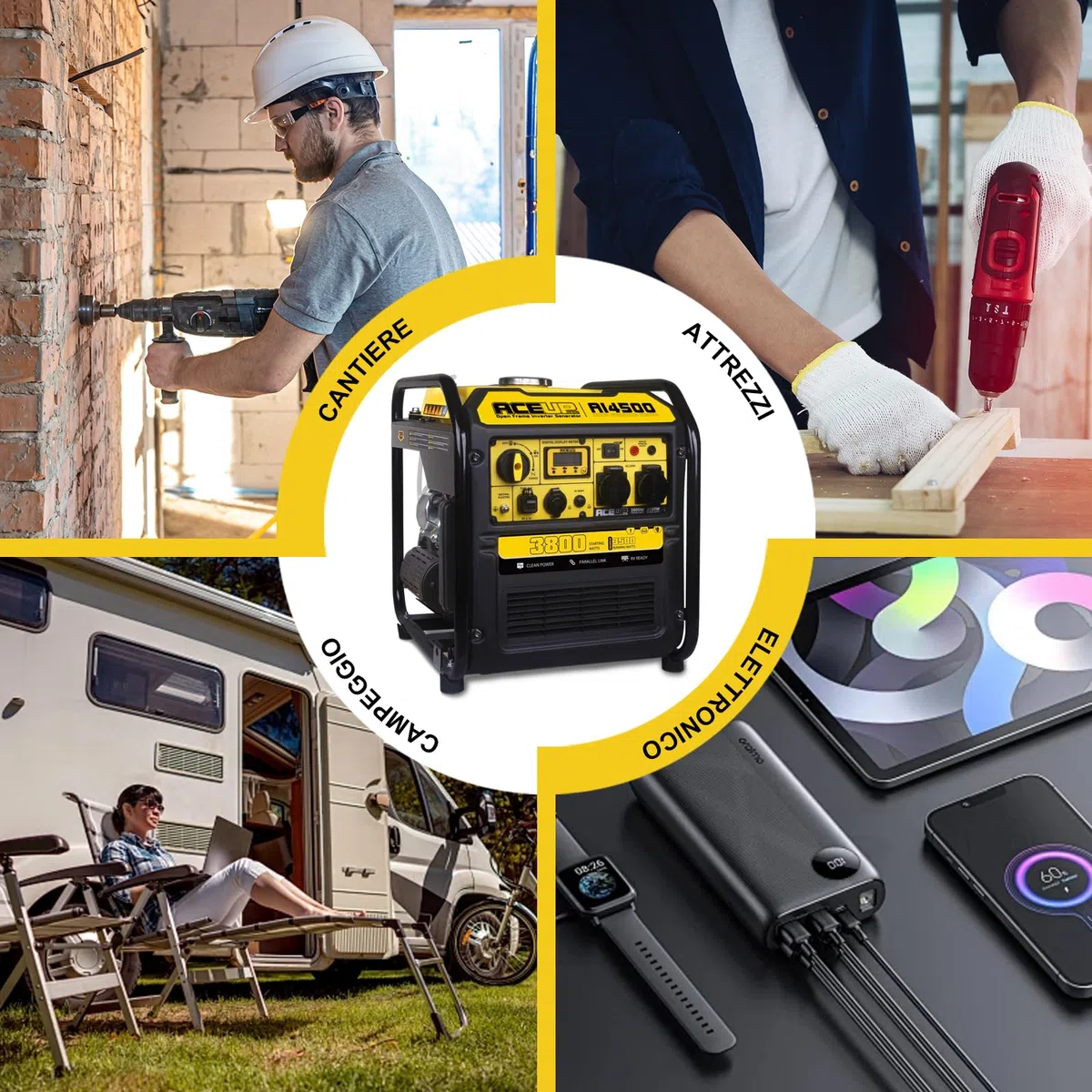 Aceup Energy 3800 Watt Generatore di Corrente Generatore Inverter a Benzina con 2 prese 230V 4 tempi