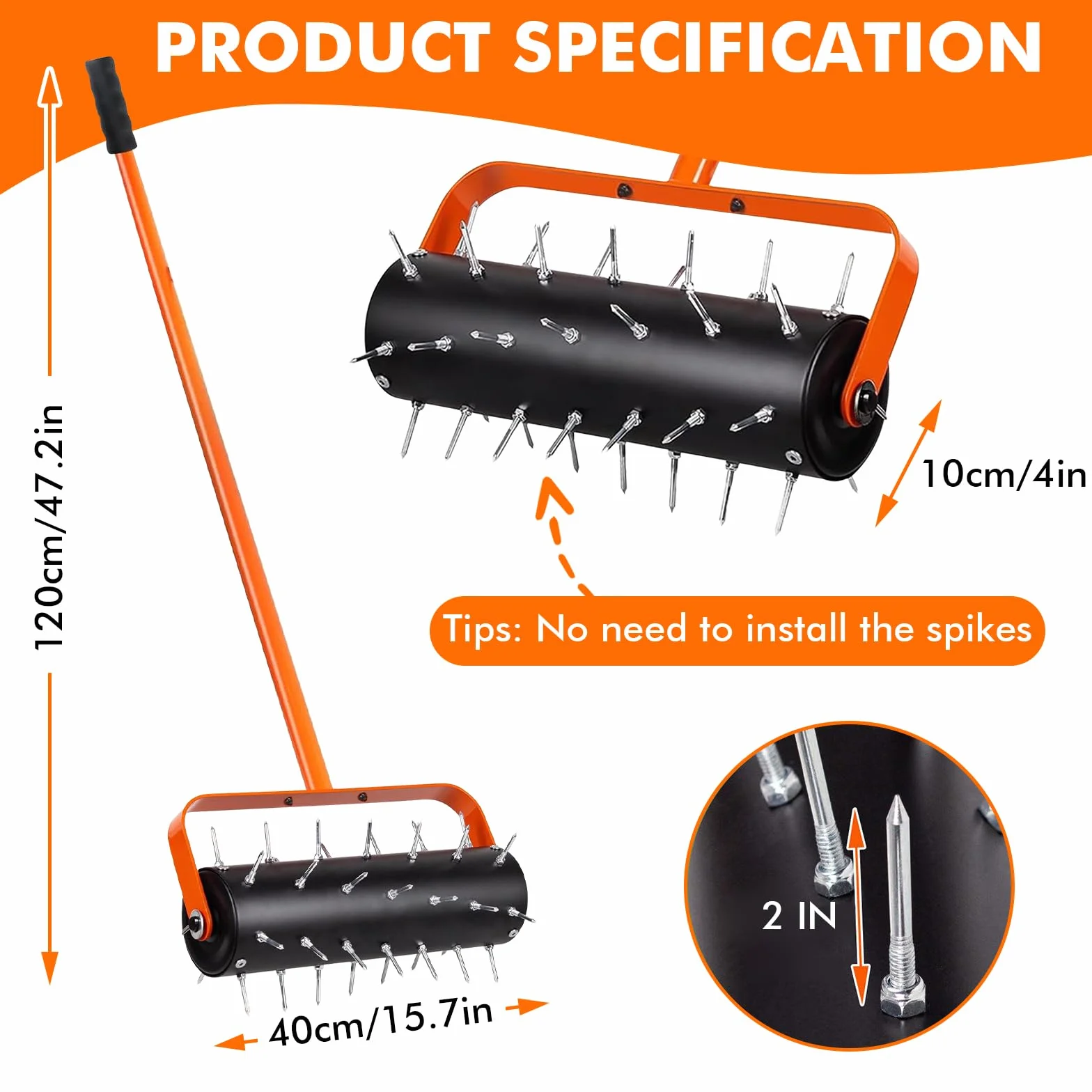 LIROPAU Arieggiatore Manuale a Rullo per Prato, Verticutatore a Mano con 42 Chiodi, 5 cm, 120 x 40 cm