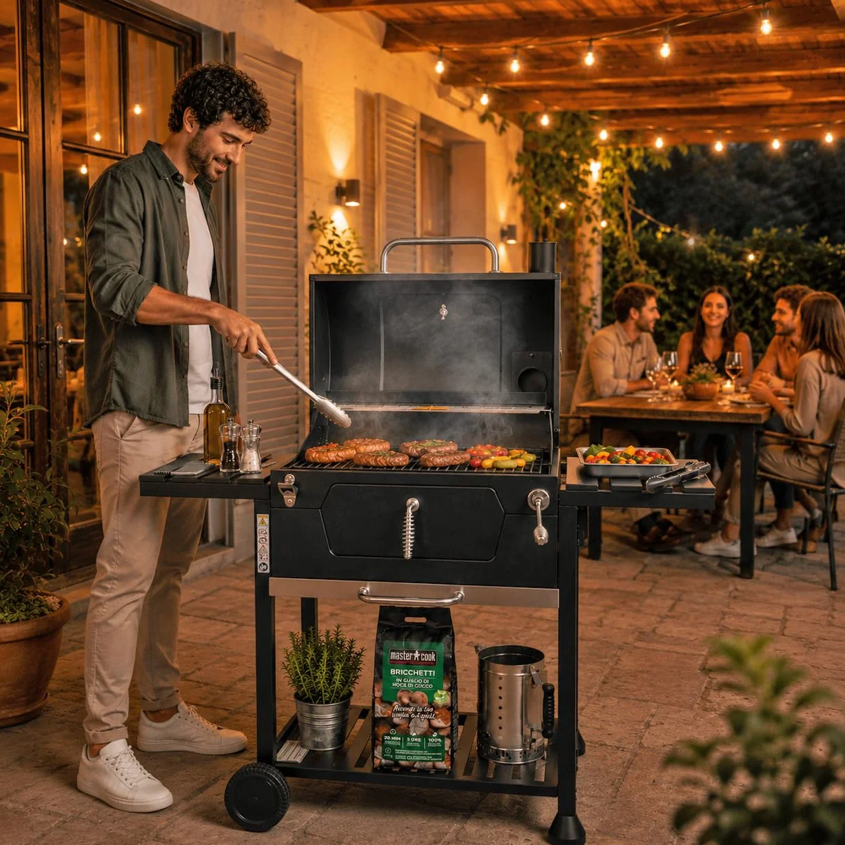 MasterCook BBQ Carbonella con Doppia Griglia Coperchio Termometro Professionale Acciaio